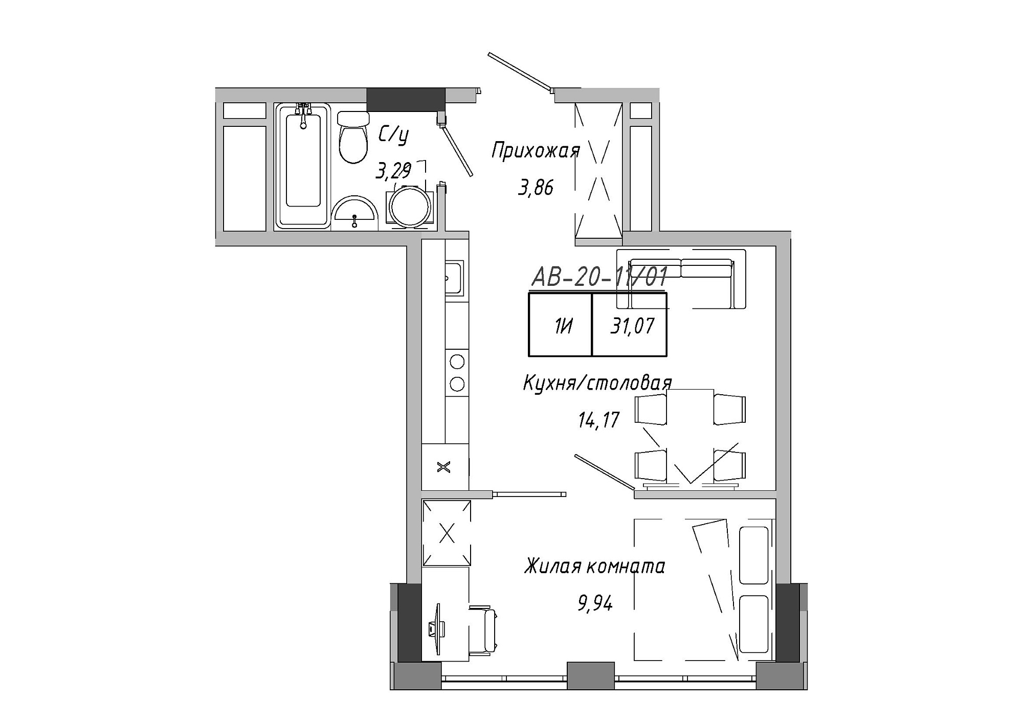 Планировка 1-к квартира площей 30.28м2, AB-20-11/00001.
