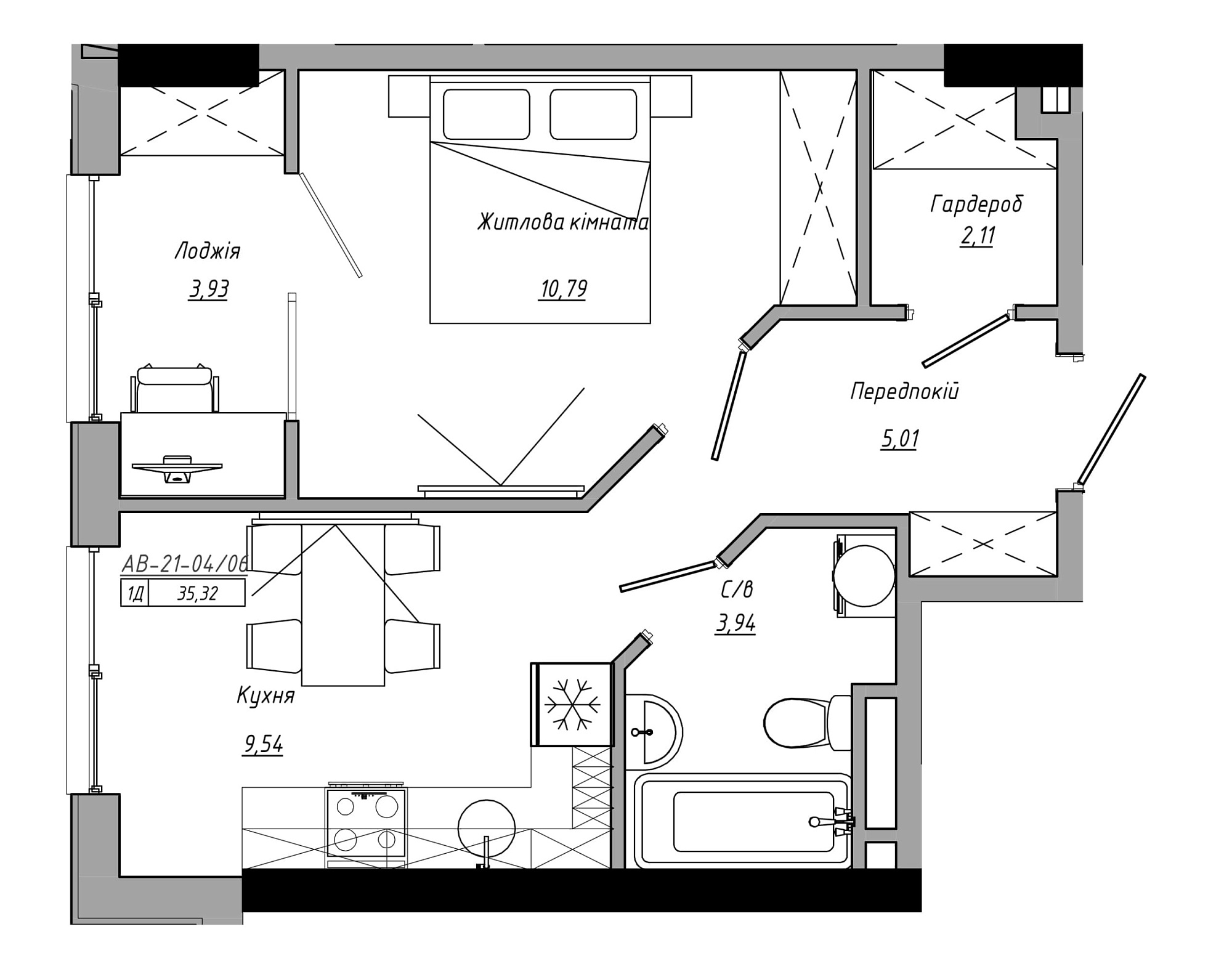 Планування 1-к квартира площею 35.32м2, AB-21-04/00006.