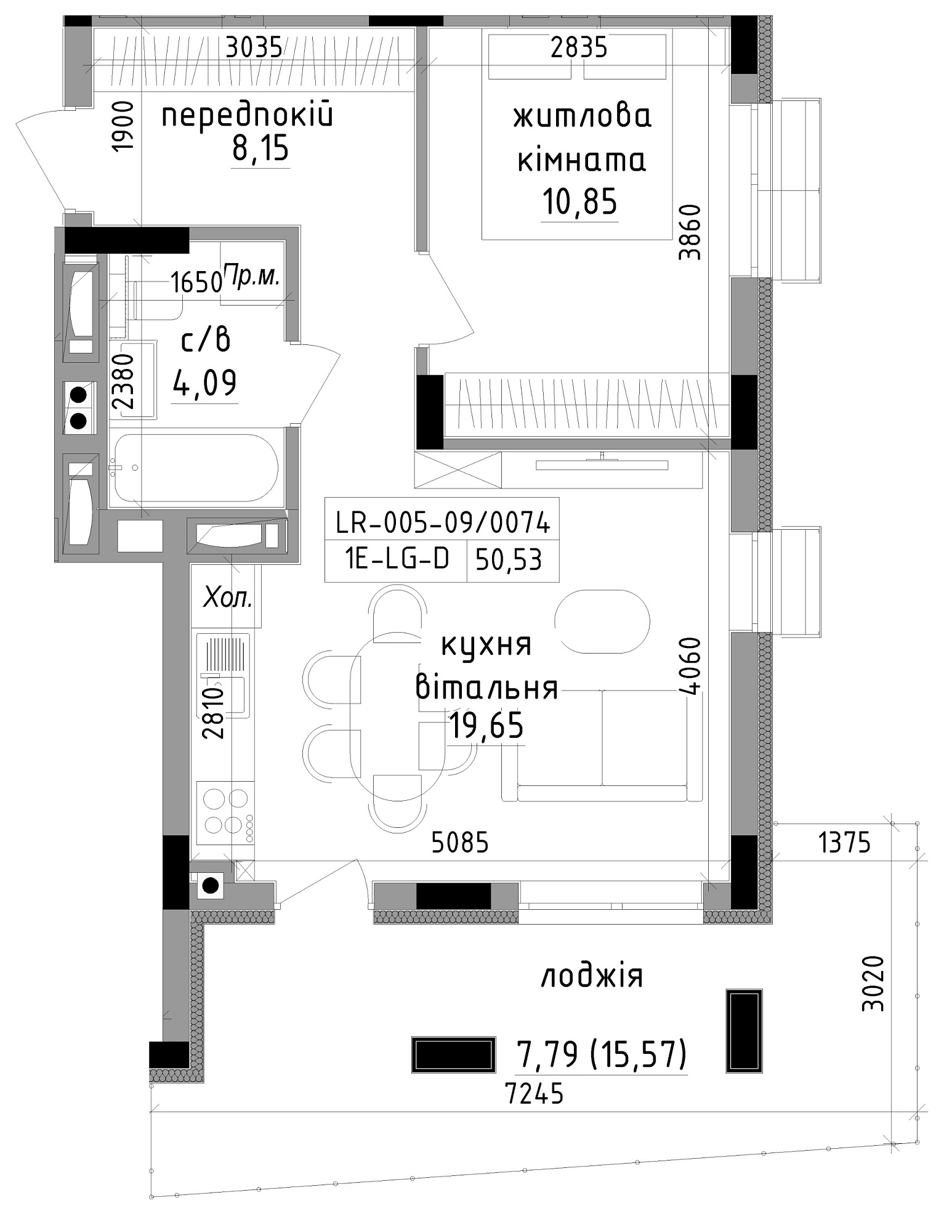 Планування 1-к квартира площею 50.53м2, LR-005-09/0074.