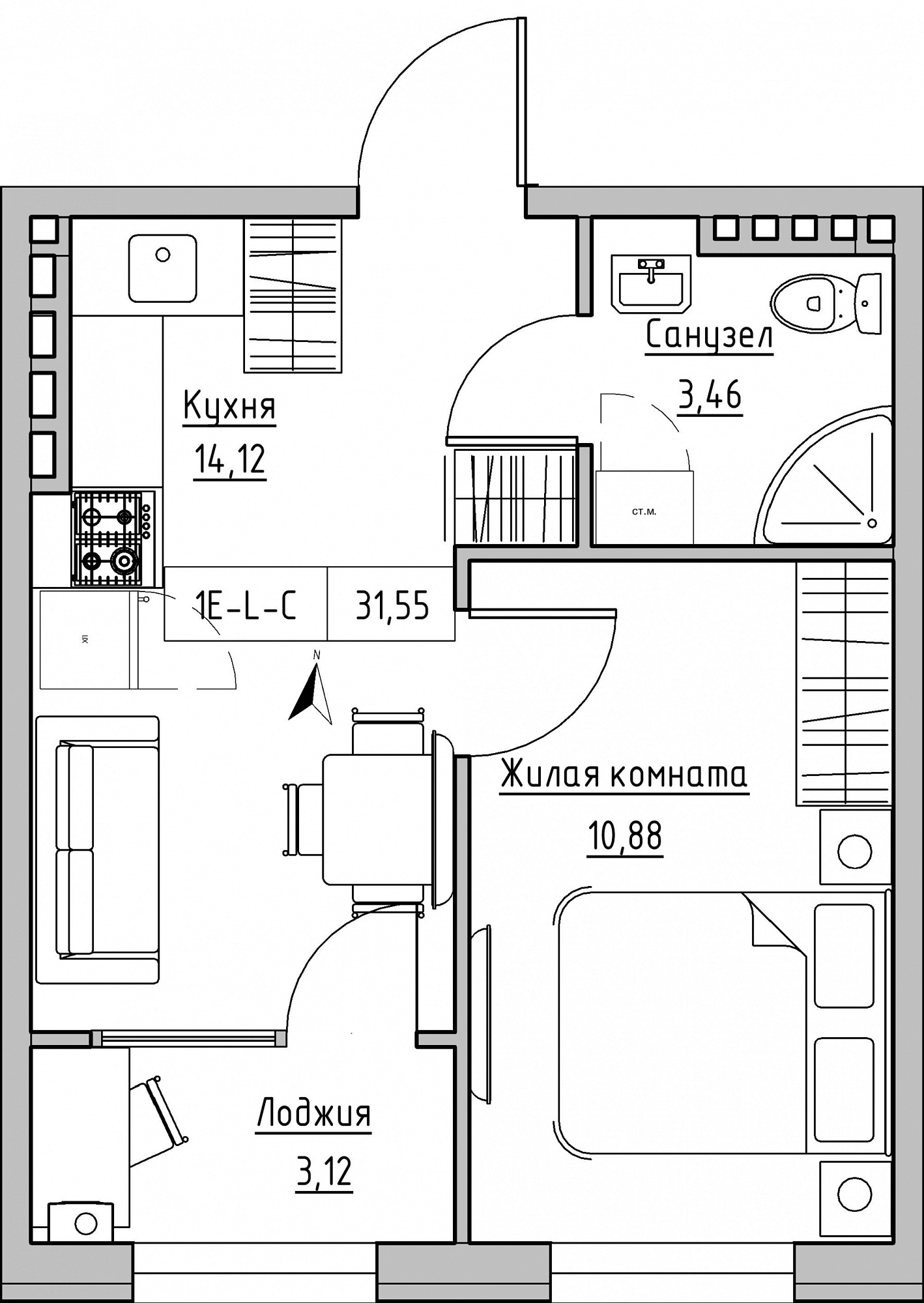 Planning 1-rm flats area 31.55m2, KS-024-04/0007.