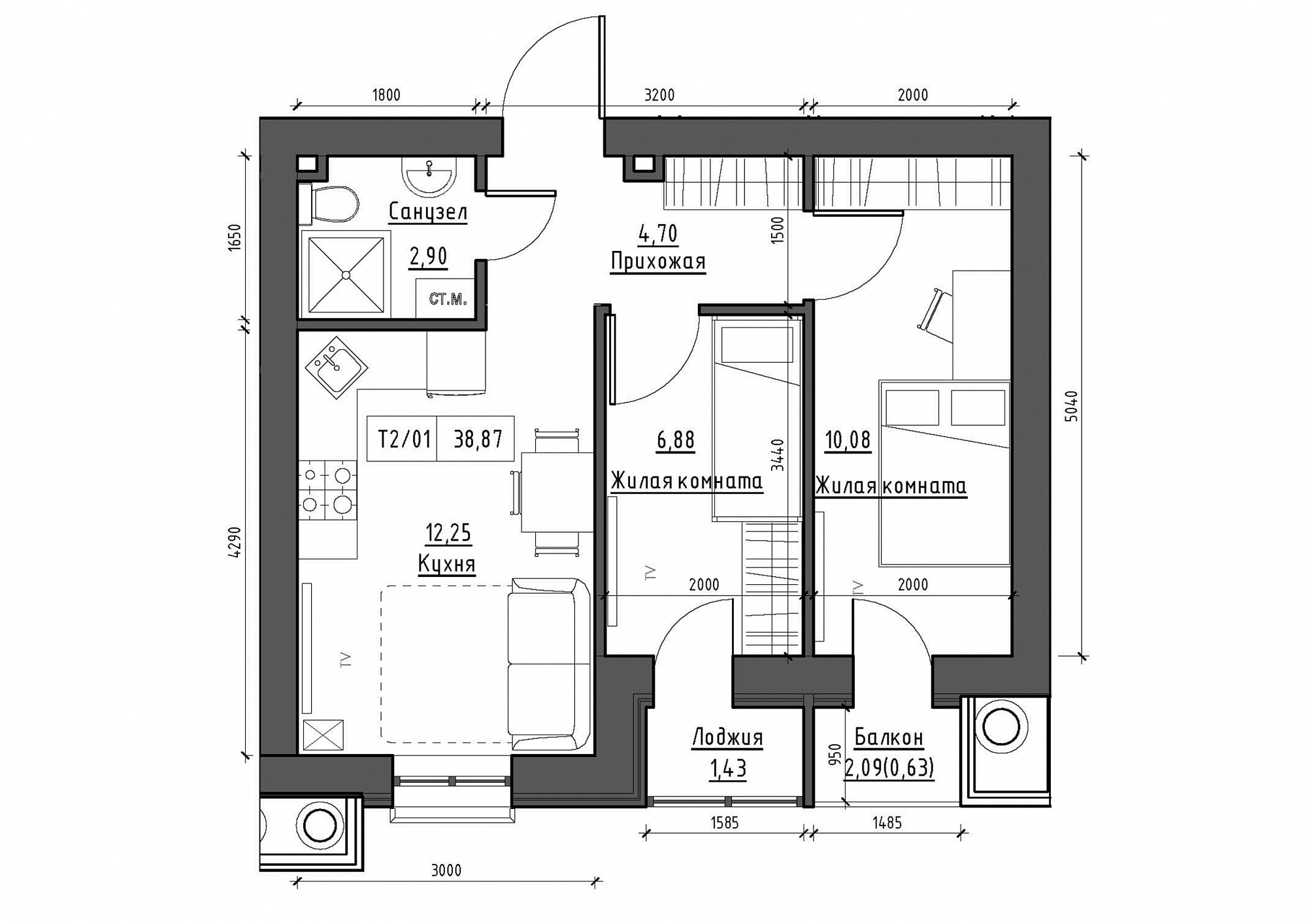 Планування 2-к квартира площею 38.87м2, KS-012-04/0005.