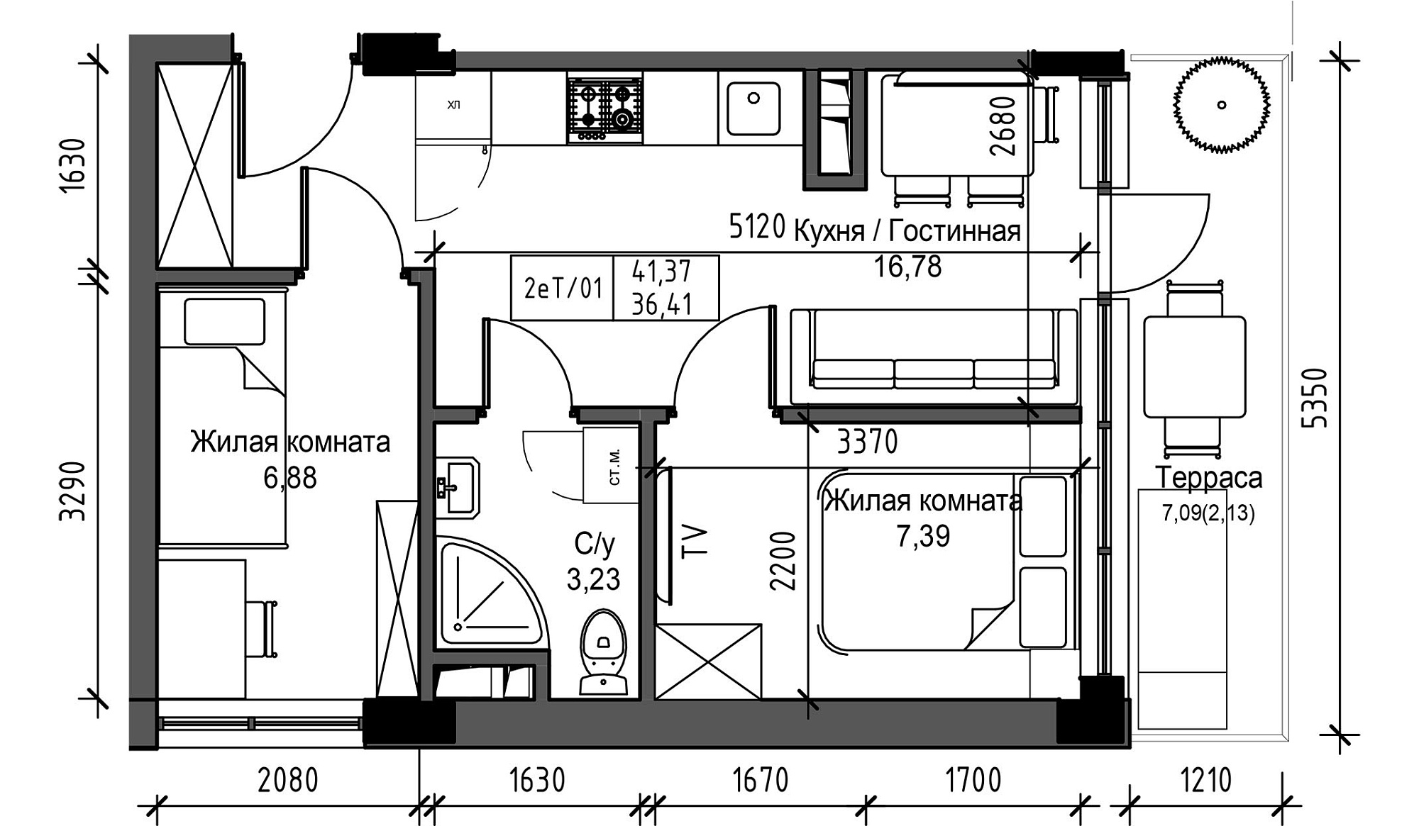 Планування 2-к квартира площею 36.41м2, UM-003-06/0057.