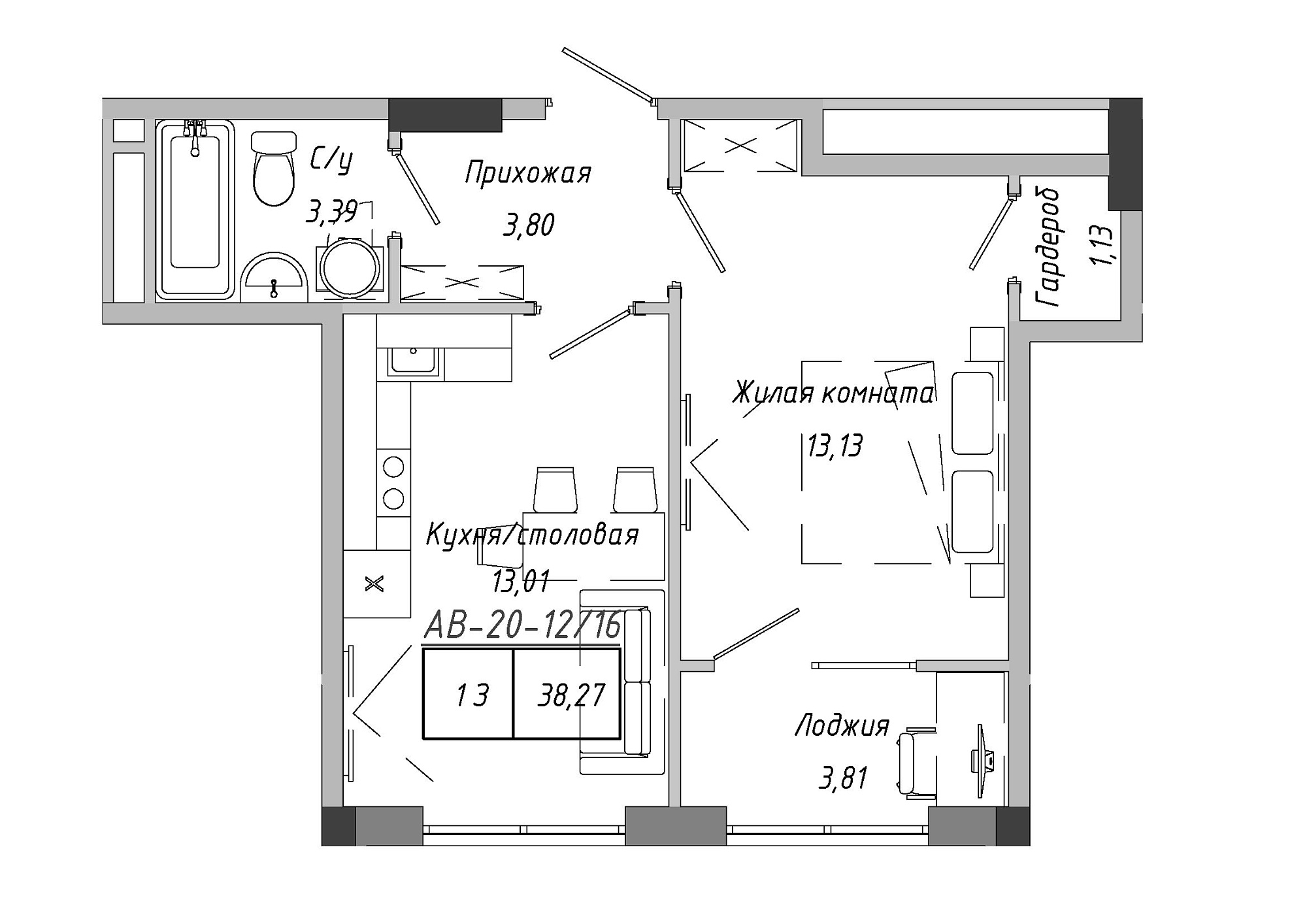 Планировка 1-к квартира площей 38.79м2, AB-20-12/00016.