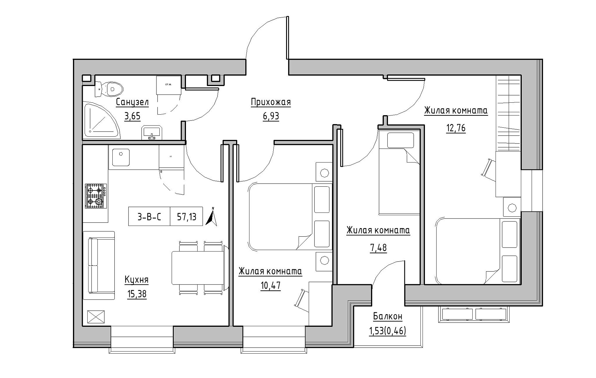 Планування 3-к квартира площею 57.13м2, KS-019-03/0008.