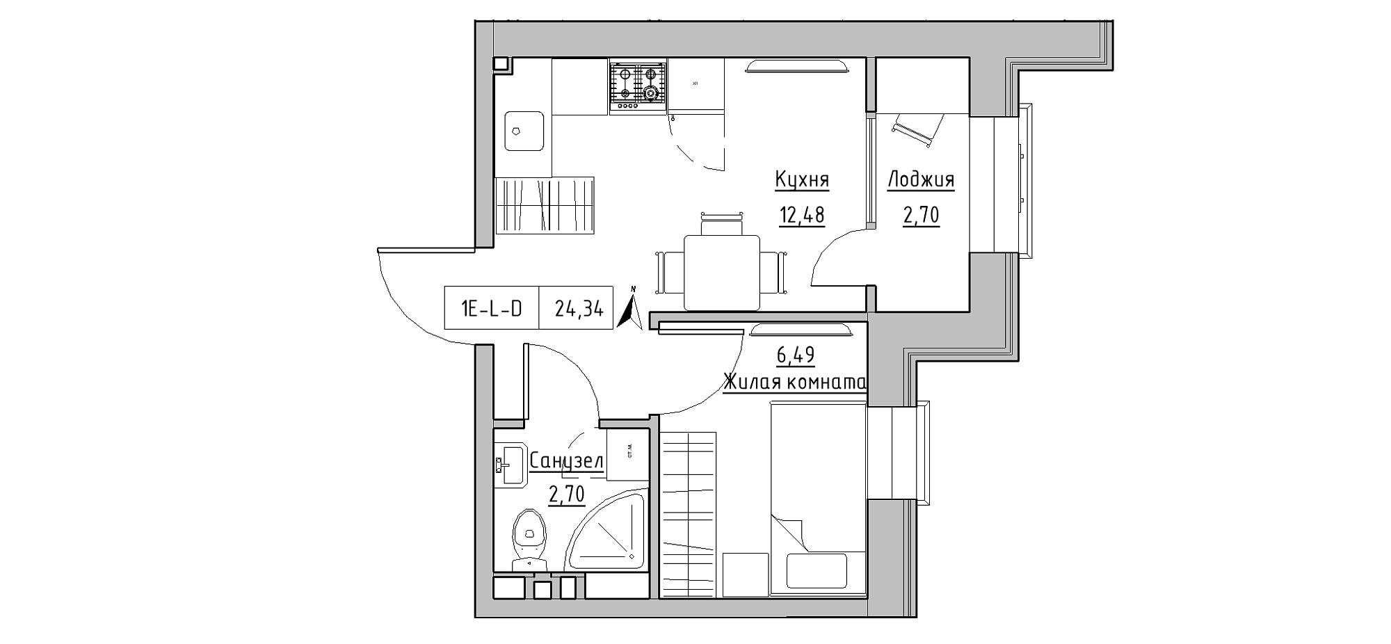 Planning 1-rm flats area 24.34m2, KS-020-04/0015.