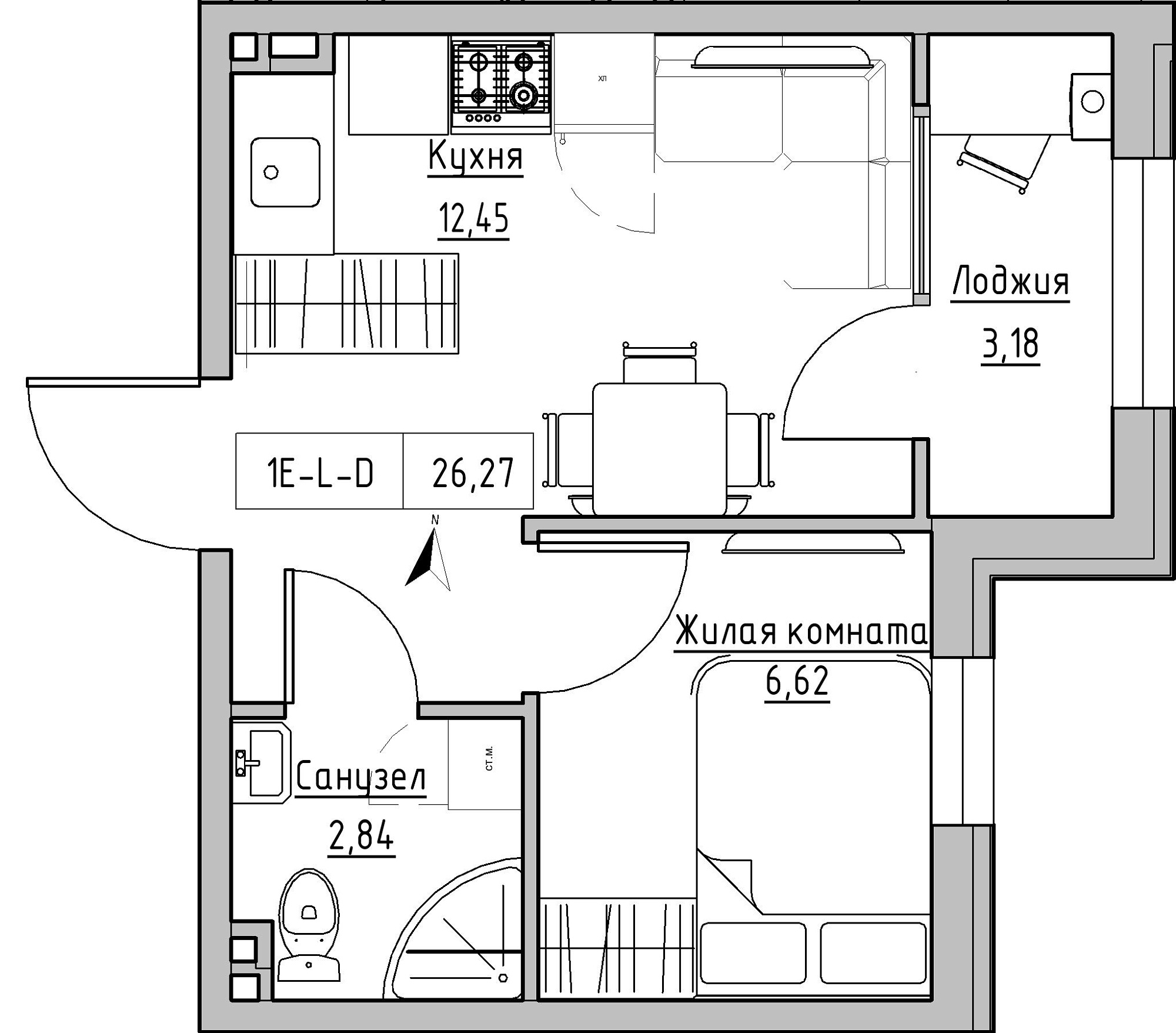 Планировка 1-к квартира площей 26.27м2, KS-024-01/0015.