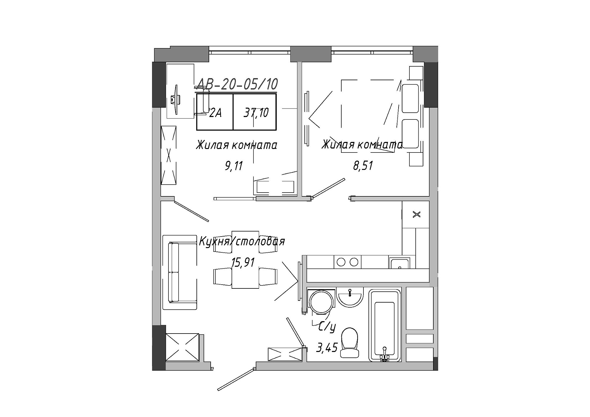 Планировка 2-к квартира площей 37.15м2, AB-20-05/00010.