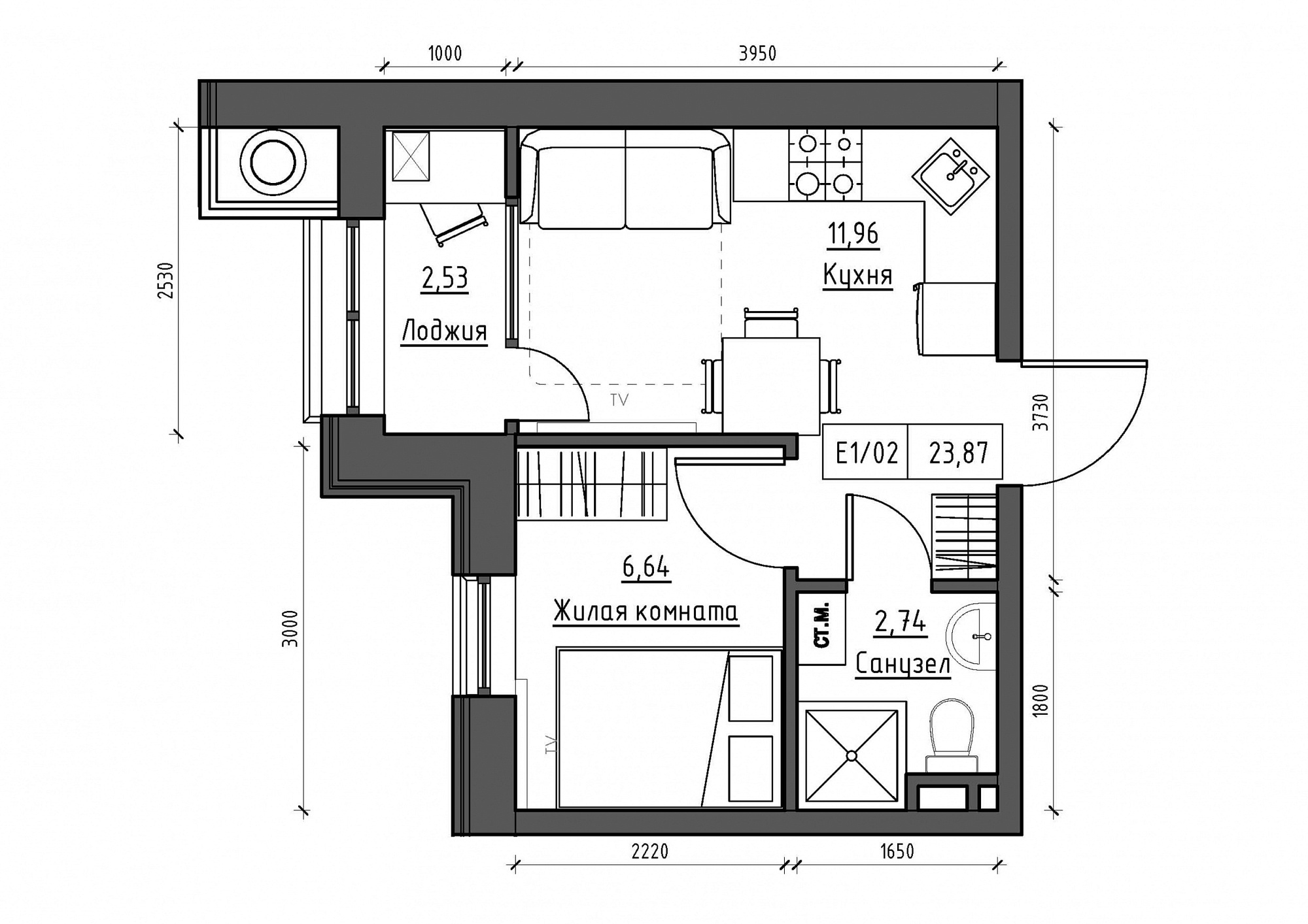 Планировка 1-к квартира площей 23.87м2, KS-011-04/0001.