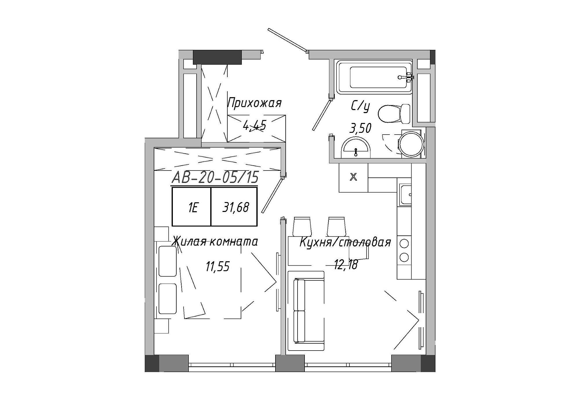 Планировка 1-к квартира площей 31.51м2, AB-20-05/00015.
