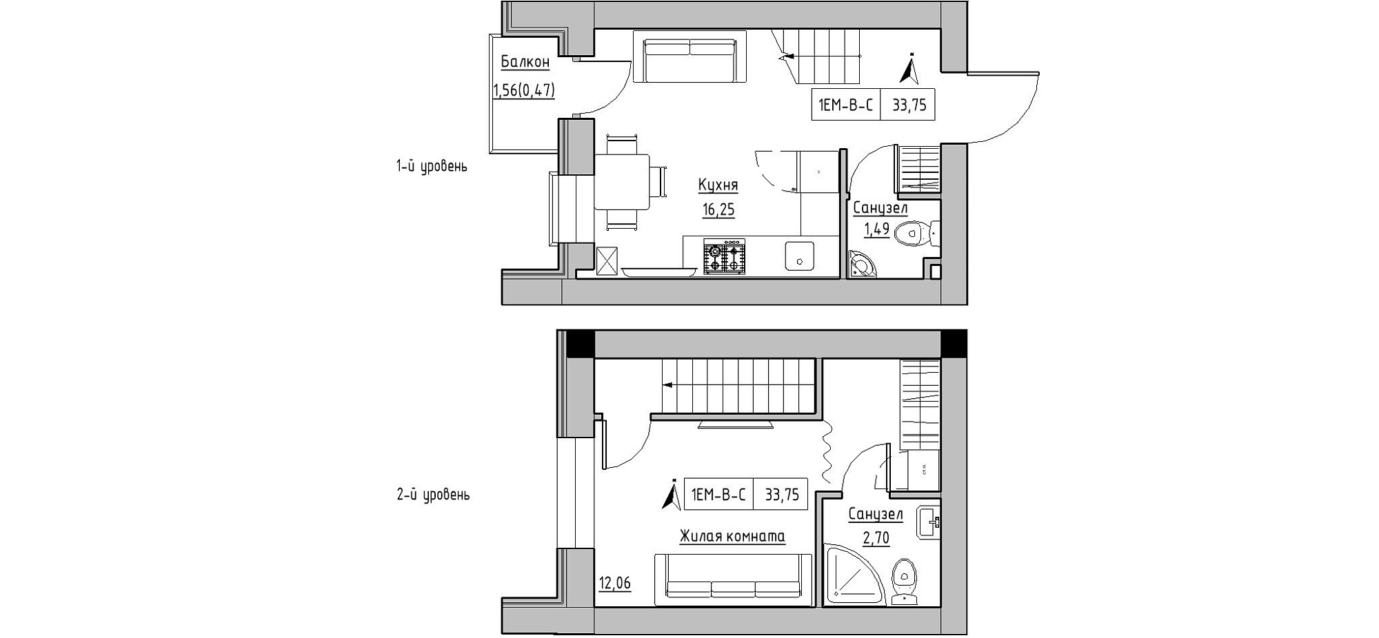 Planning 2-lvl flats area 33.75m2, KS-020-05/0013.