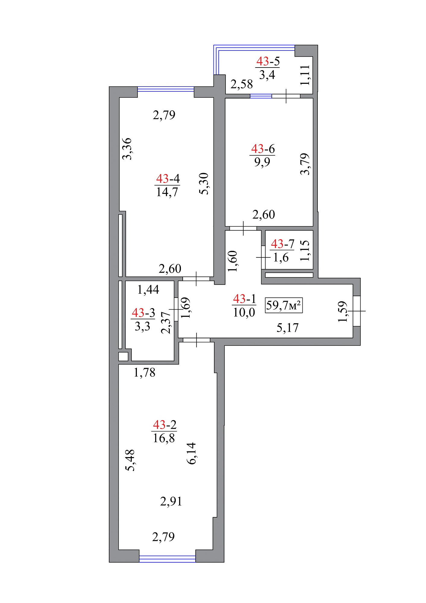 Планировка 2-к квартира площей 59.7м2, AB-07-05/00039.