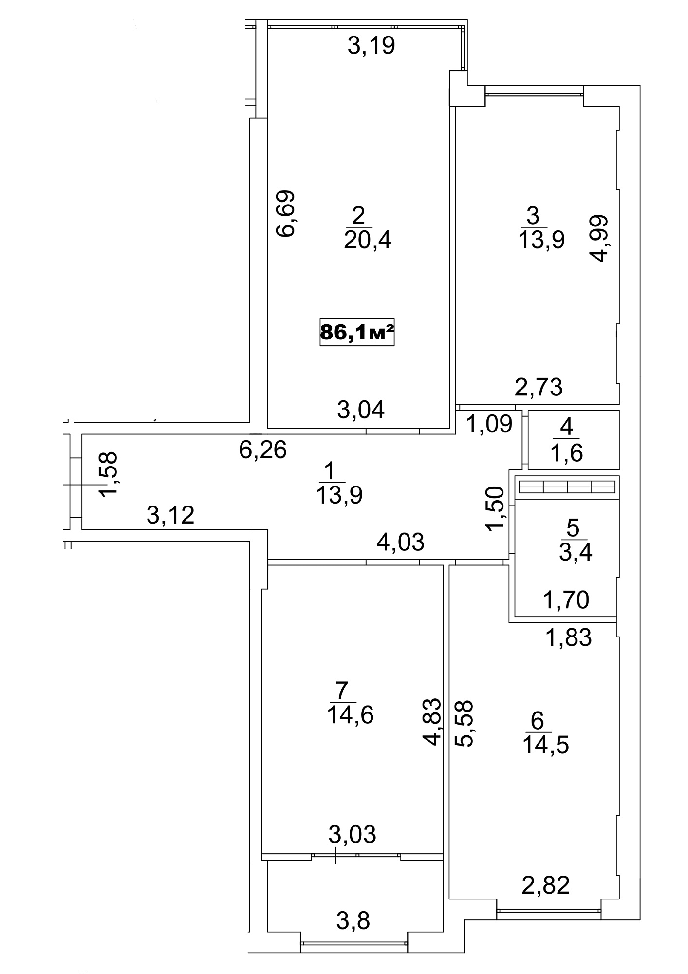 Планировка 3-к квартира площей 86.1м2, AB-13-09/00076.
