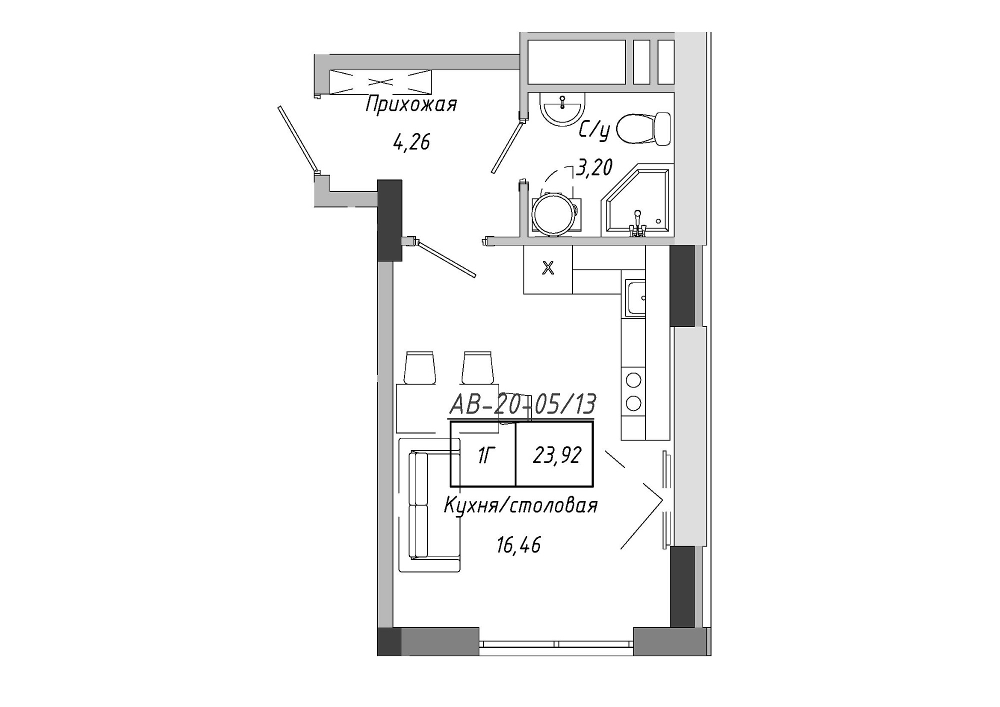 Planning Smart flats area 23.4m2, AB-20-05/00013.