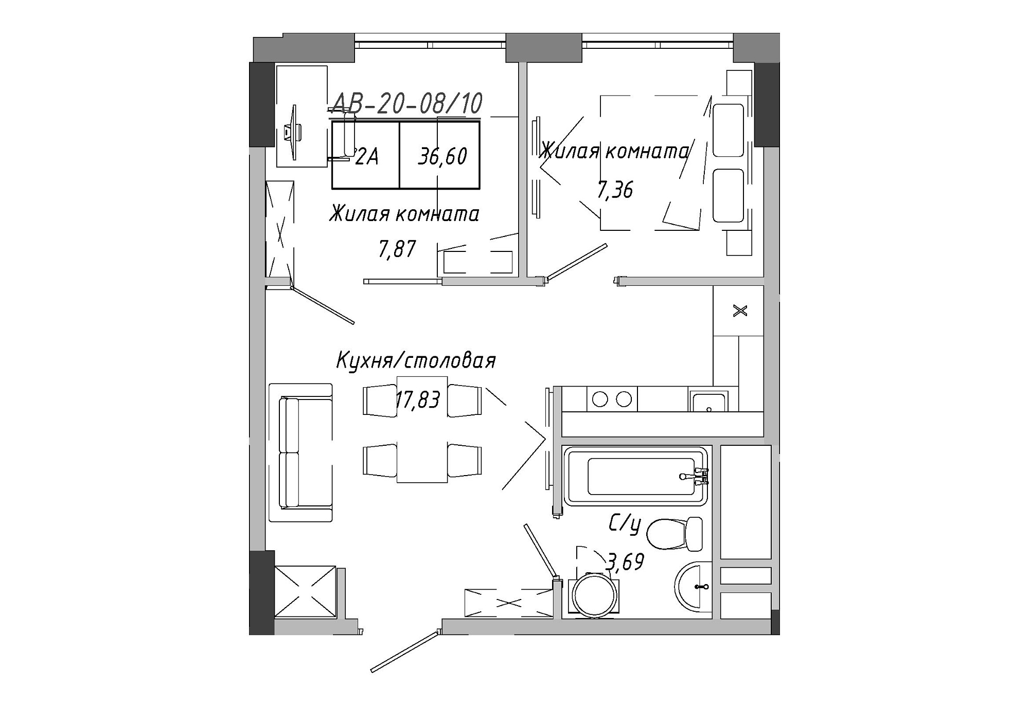 Планировка 2-к квартира площей 37.15м2, AB-20-08/00010.