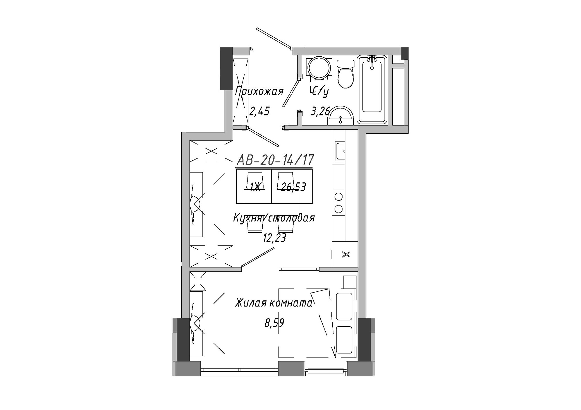 Планировка 1-к квартира площей 26.53м2, AB-20-14/00117.