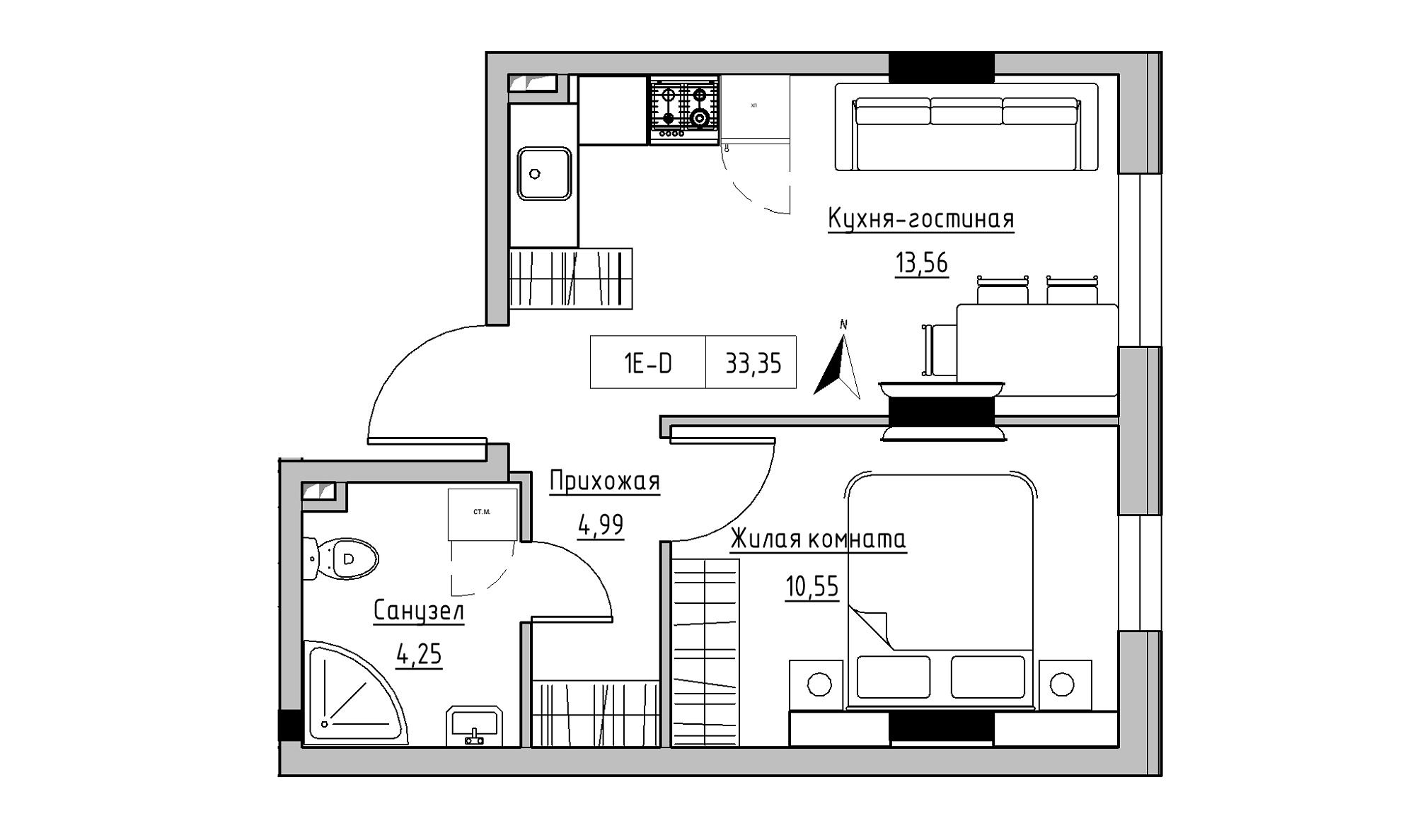 Планировка 1-к квартира площей 33.35м2, KS-025-01/0002.