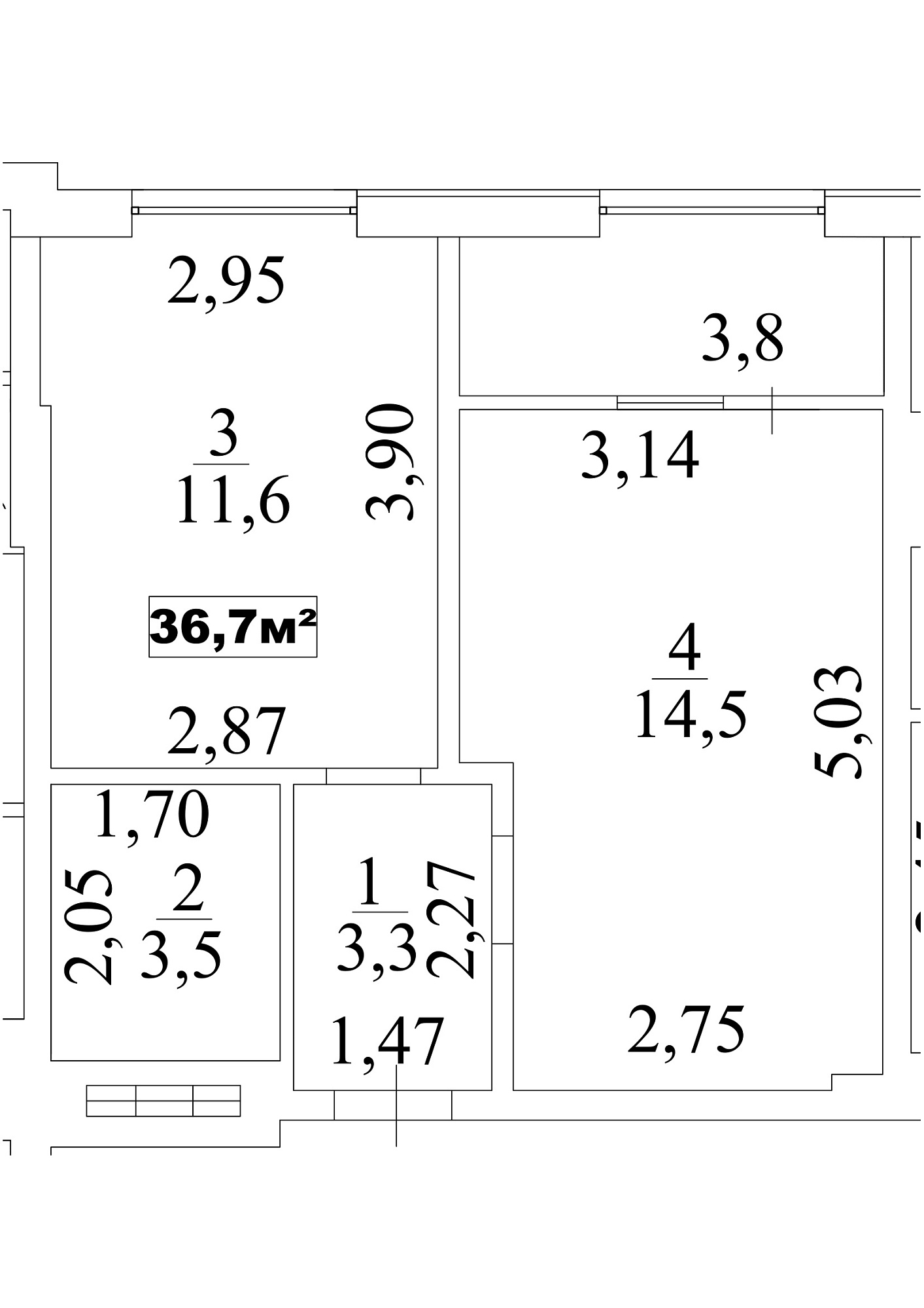 Планировка 1-к квартира площей 36.7м2, AB-10-01/00006.