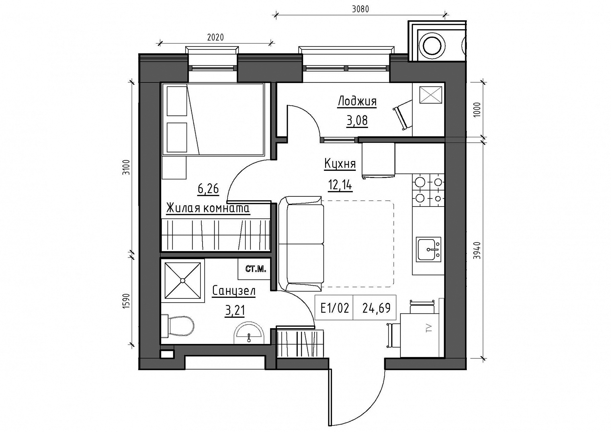 Planning 1-rm flats area 24.69m2, KS-011-03/0014.