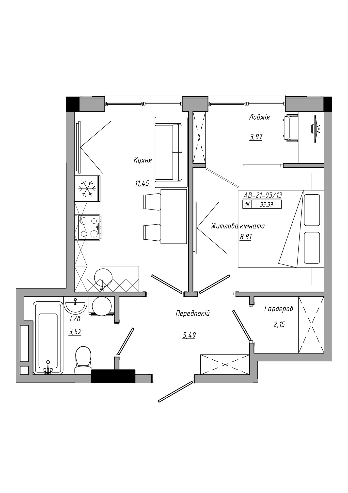 Планировка 1-к квартира площей 35.39м2, AB-21-03/00013.