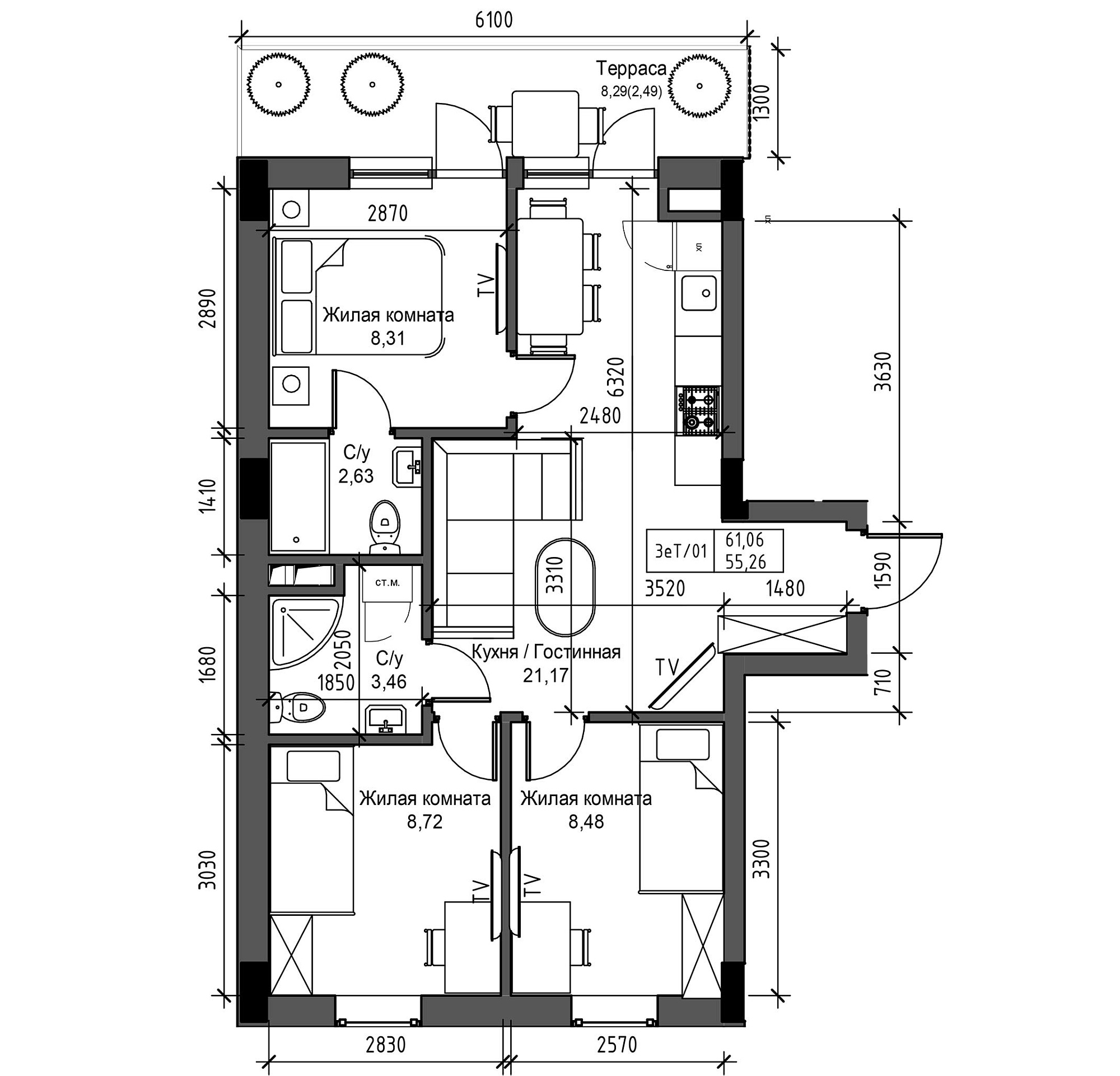 Планування 3-к квартира площею 55.26м2, UM-003-03/0013.