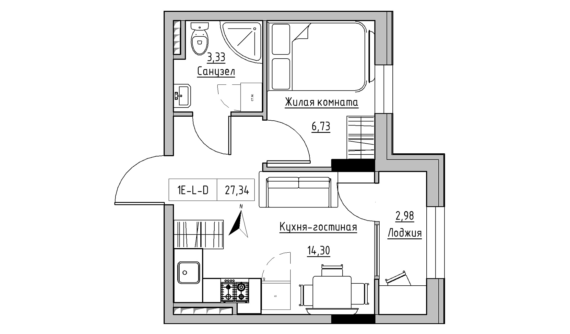 Планування 1-к квартира площею 27.34м2, KS-025-04/0001.