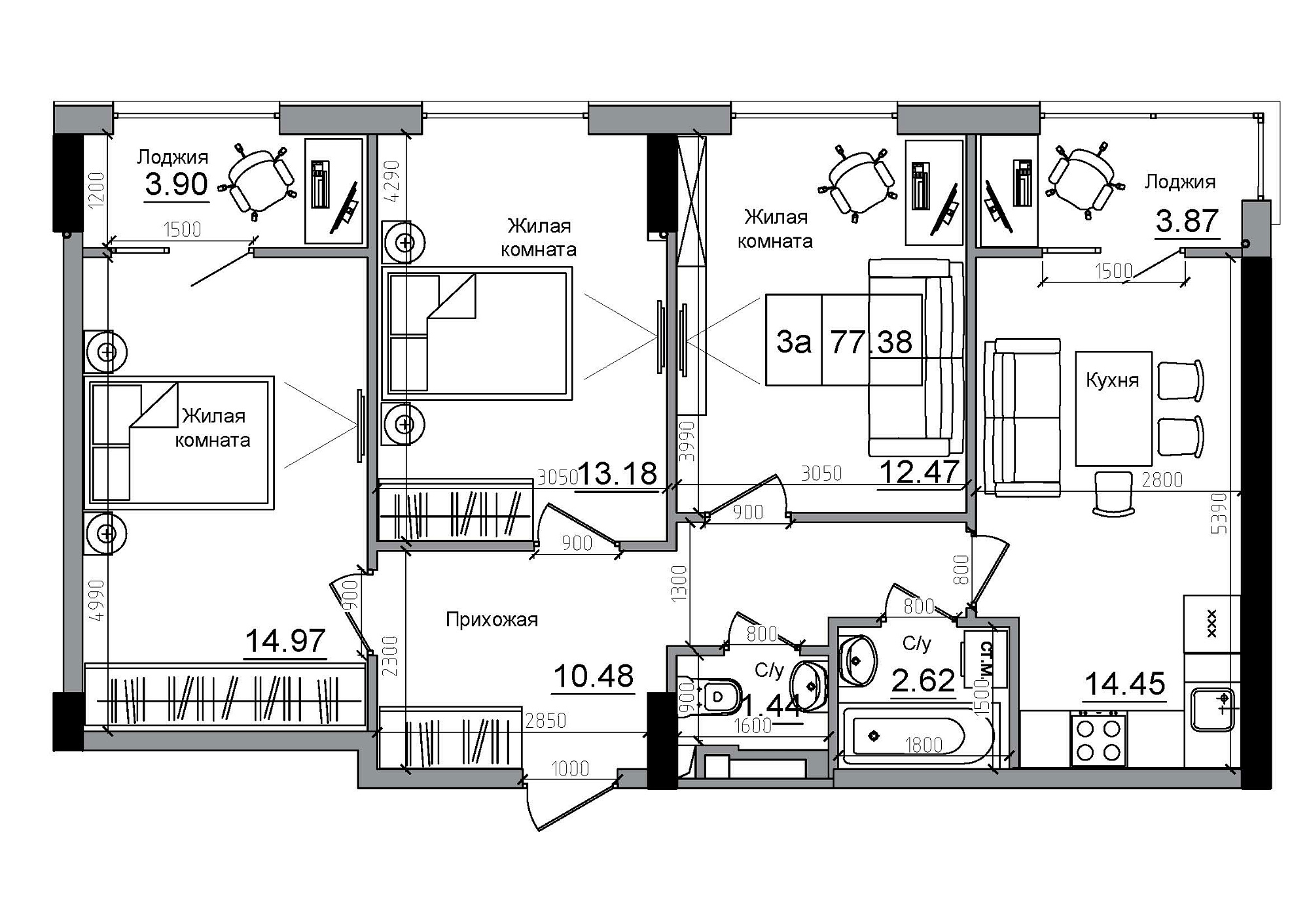 Планировка 3-к квартира площей 77.38м2, AB-12-06/00010.