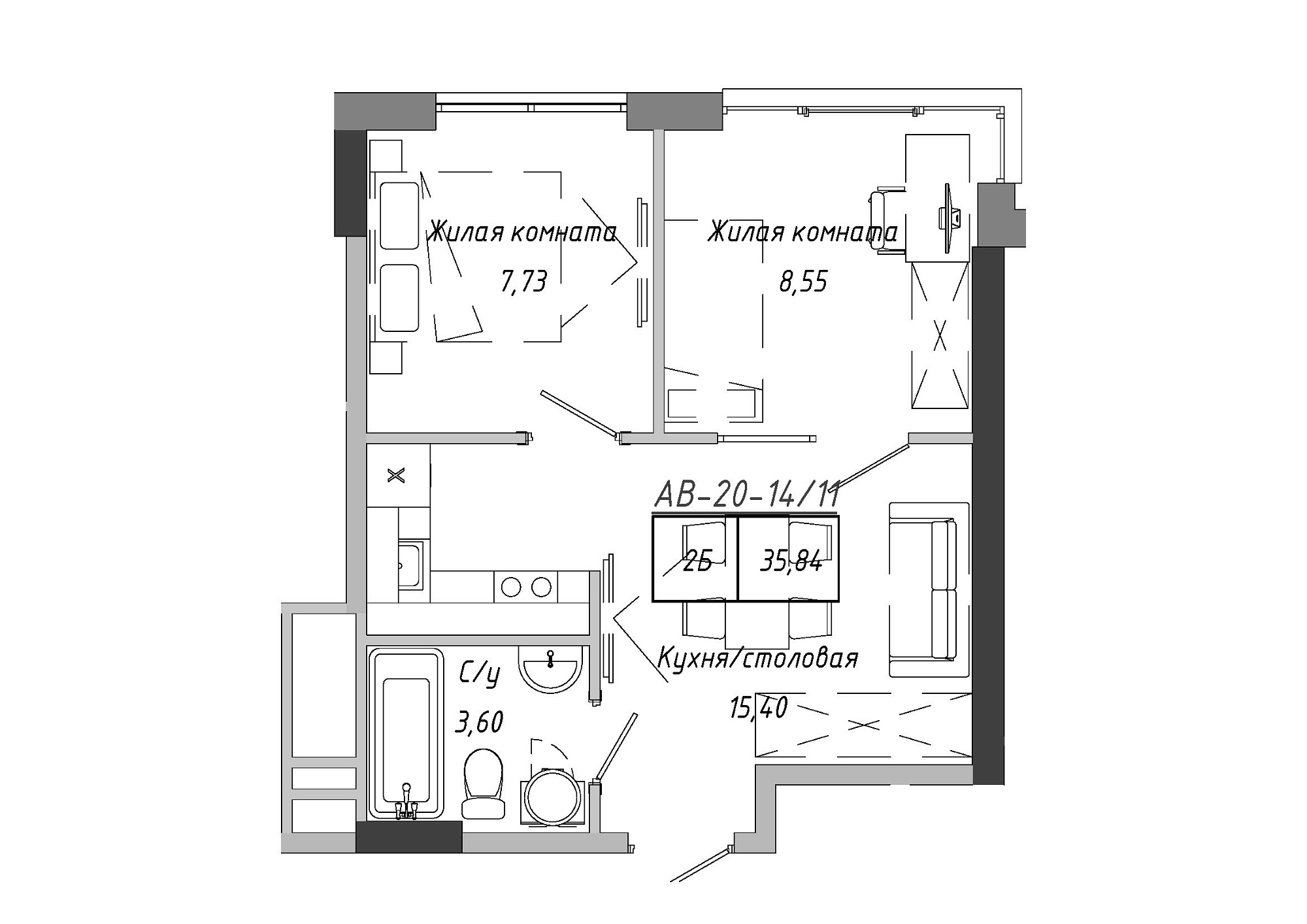 Планировка 2-к квартира площей 35.84м2, AB-20-14/00111.