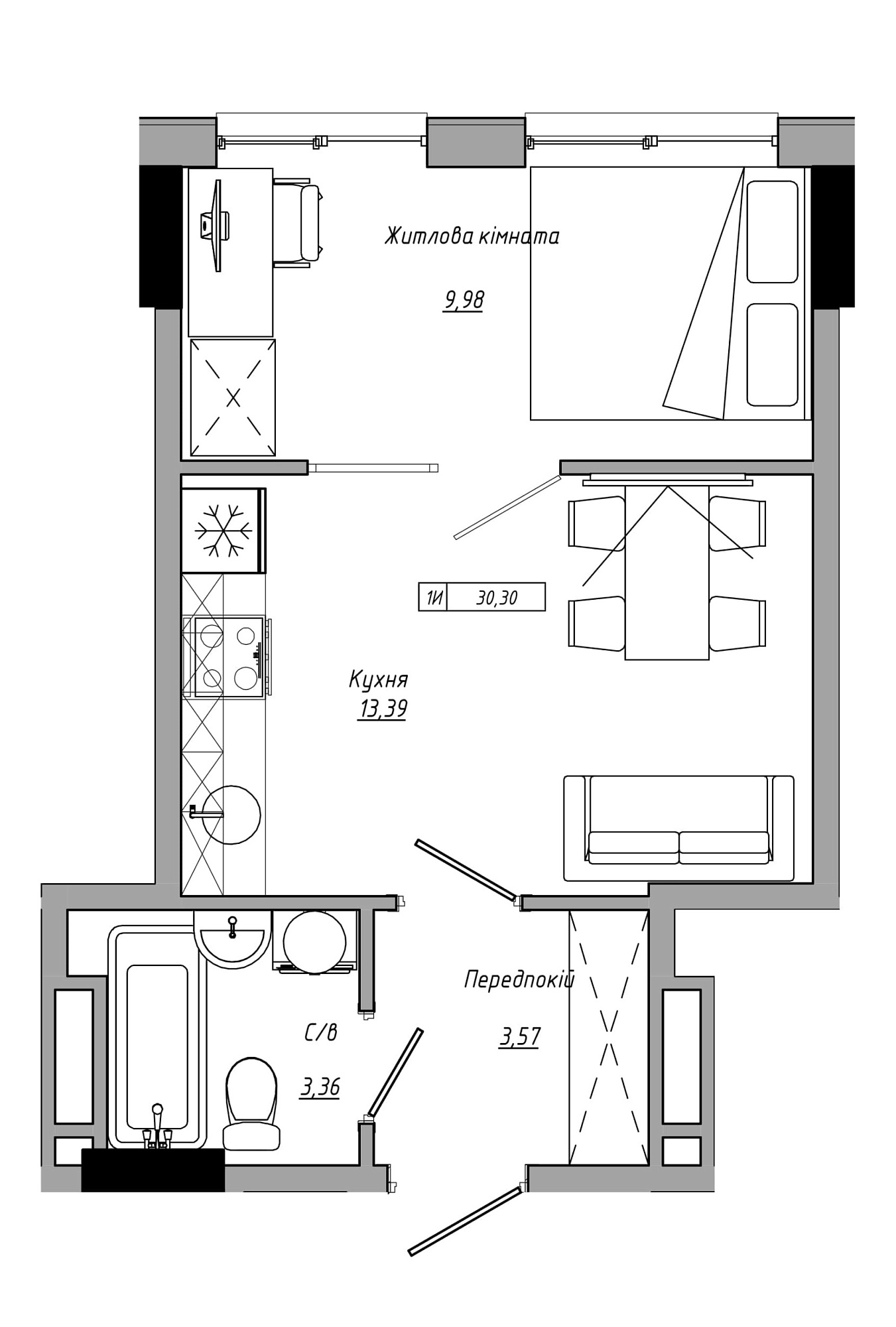Планировка 1-к квартира площей 30.3м2, AB-21-05/00012.