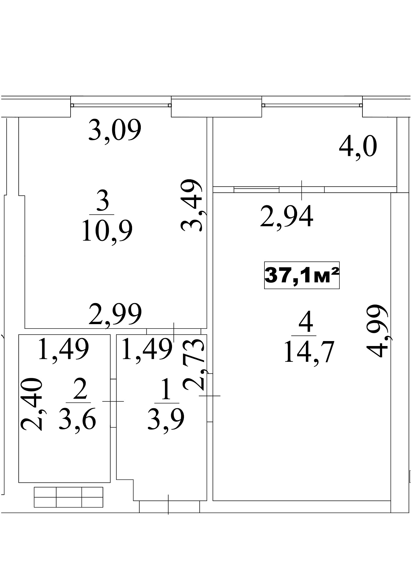 Планировка 1-к квартира площей 37.1м2, AB-10-03/0025а.