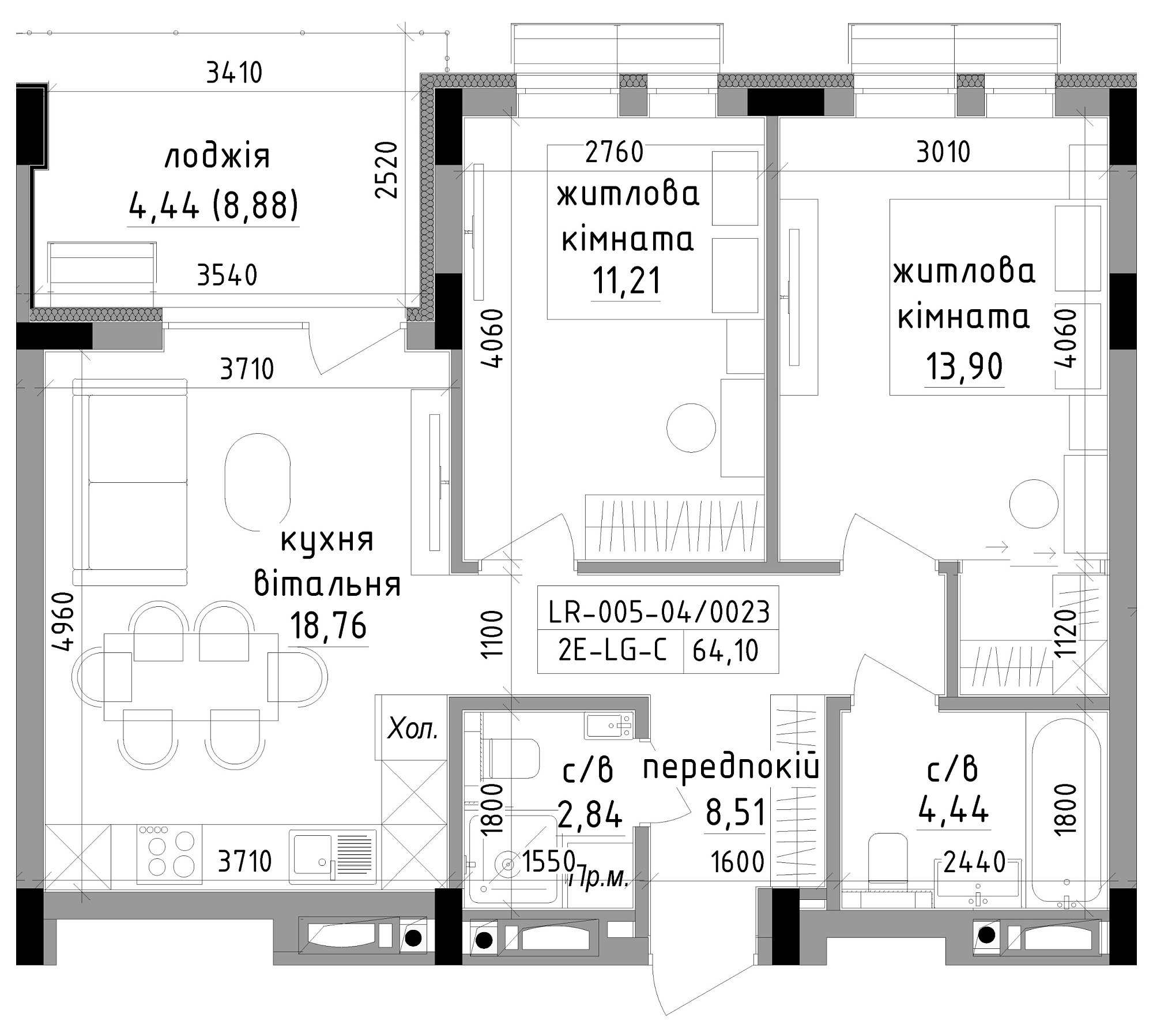 Планировка 2-к квартира площей 64.1м2, LR-005-04/0023.