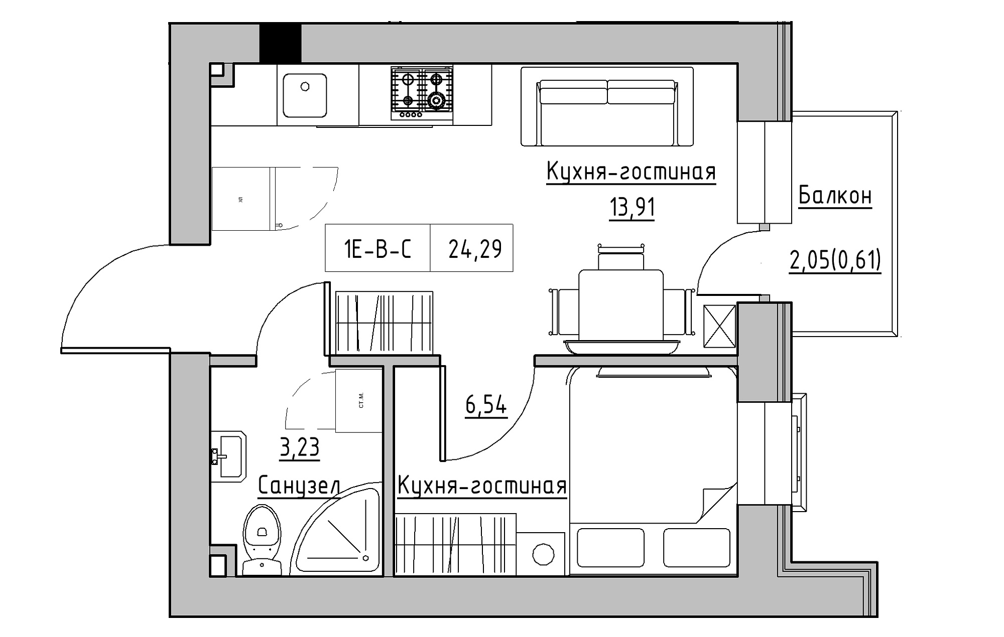 Planning 1-rm flats area 24.29m2, KS-018-03/0009.