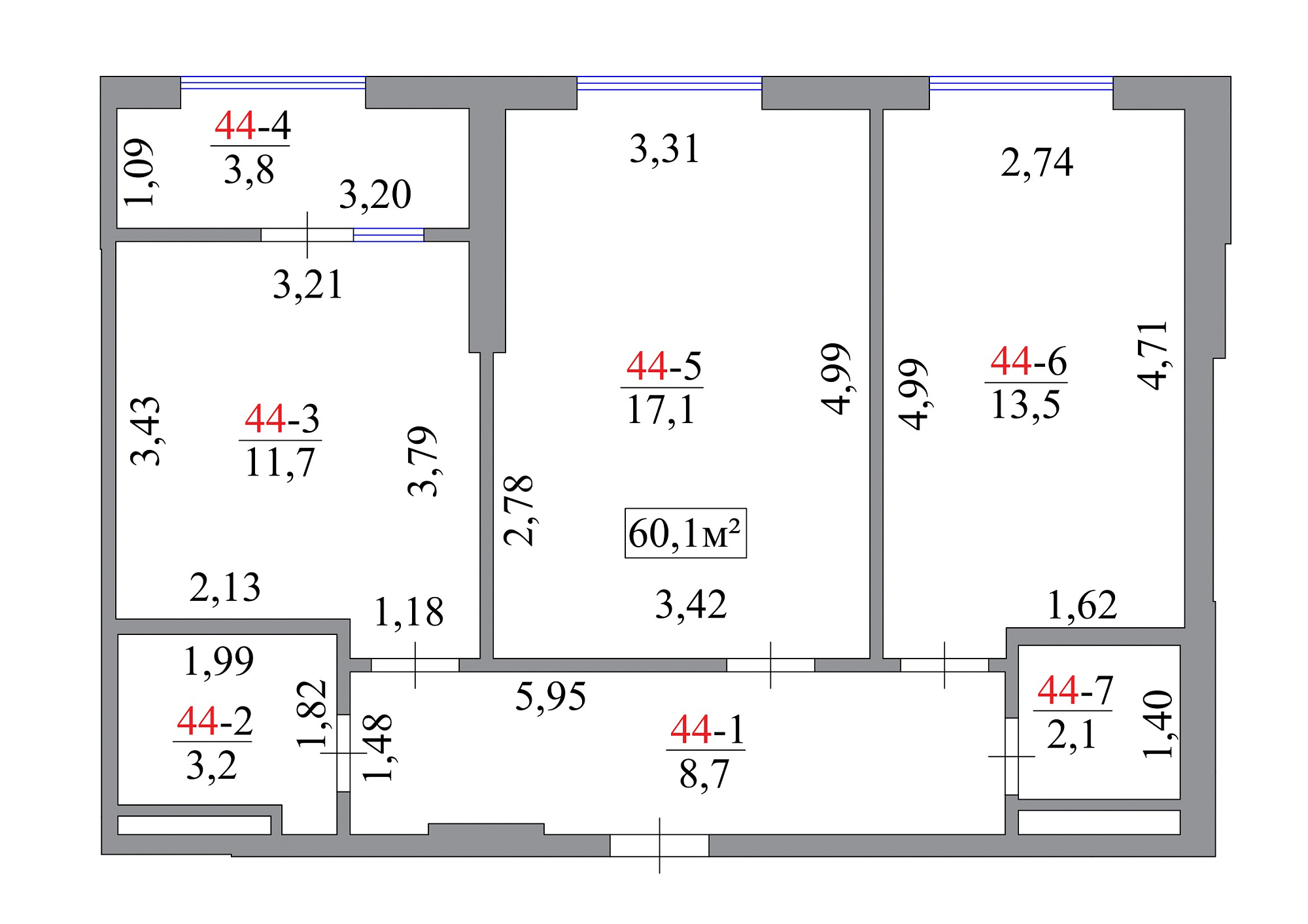 Планировка 2-к квартира площей 60.1м2, AB-07-05/00040.