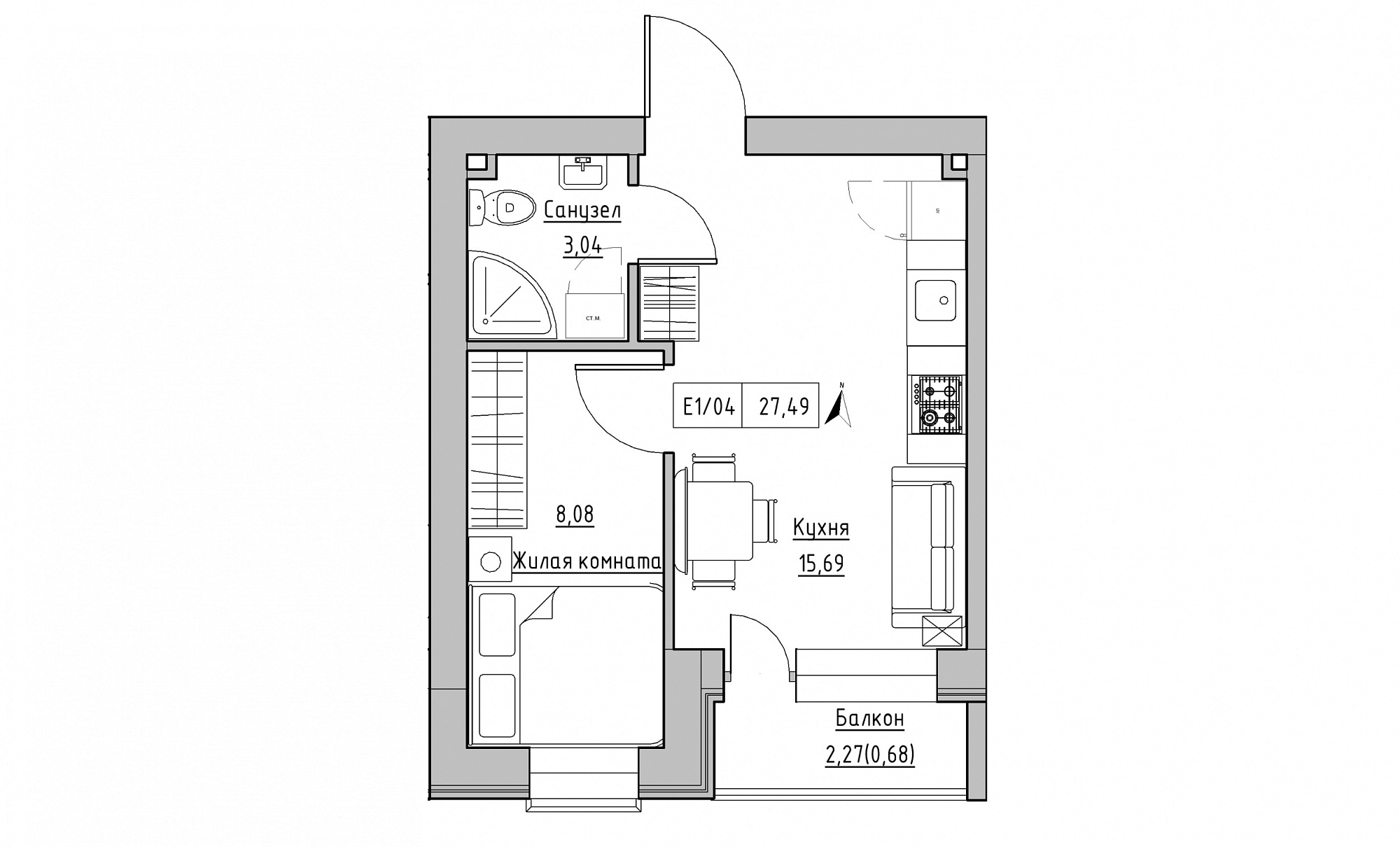 Планування 1-к квартира площею 27.49м2, KS-015-05/0012.