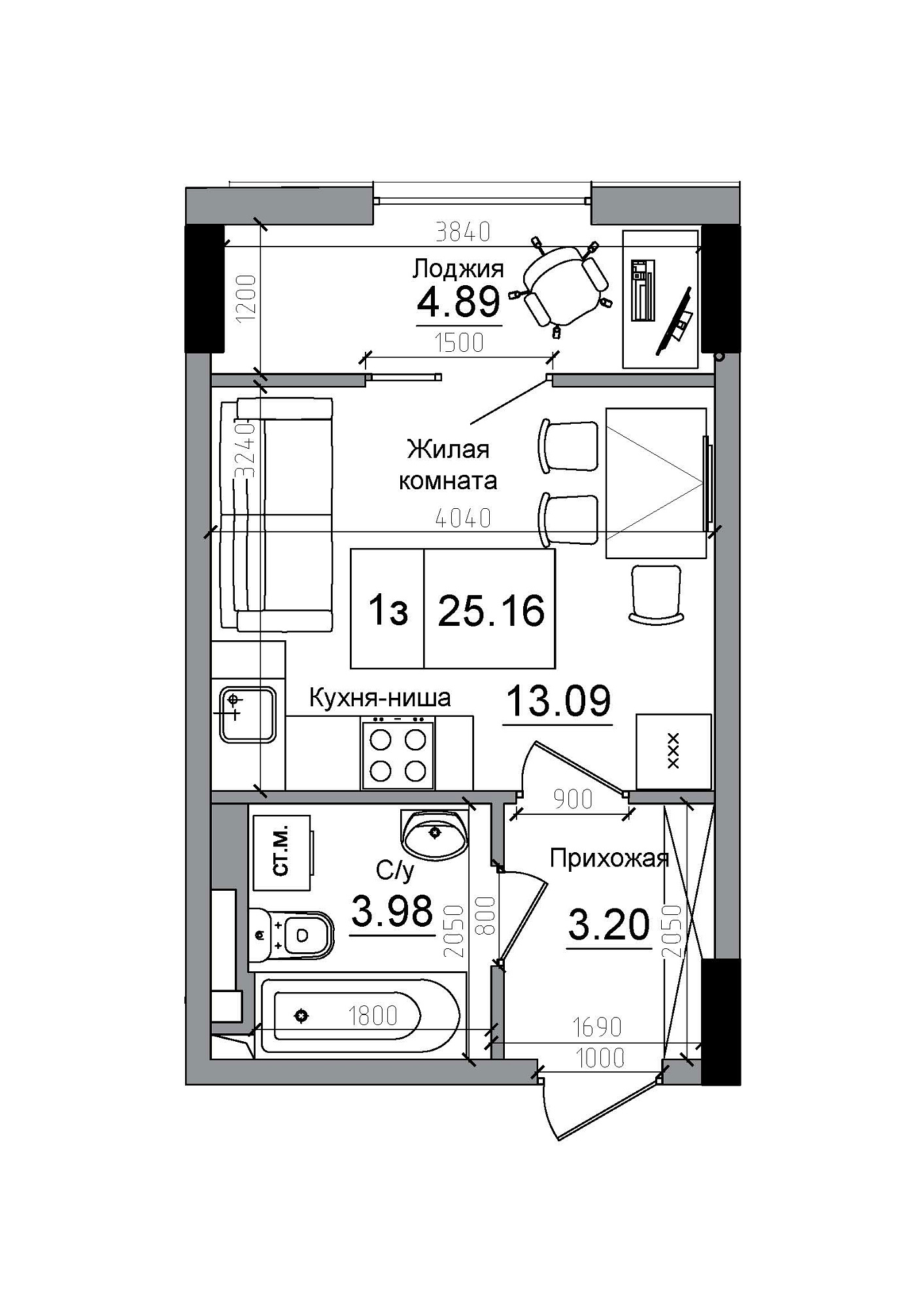 Планировка Smart-квартира площей 25.16м2, AB-12-03/00009.