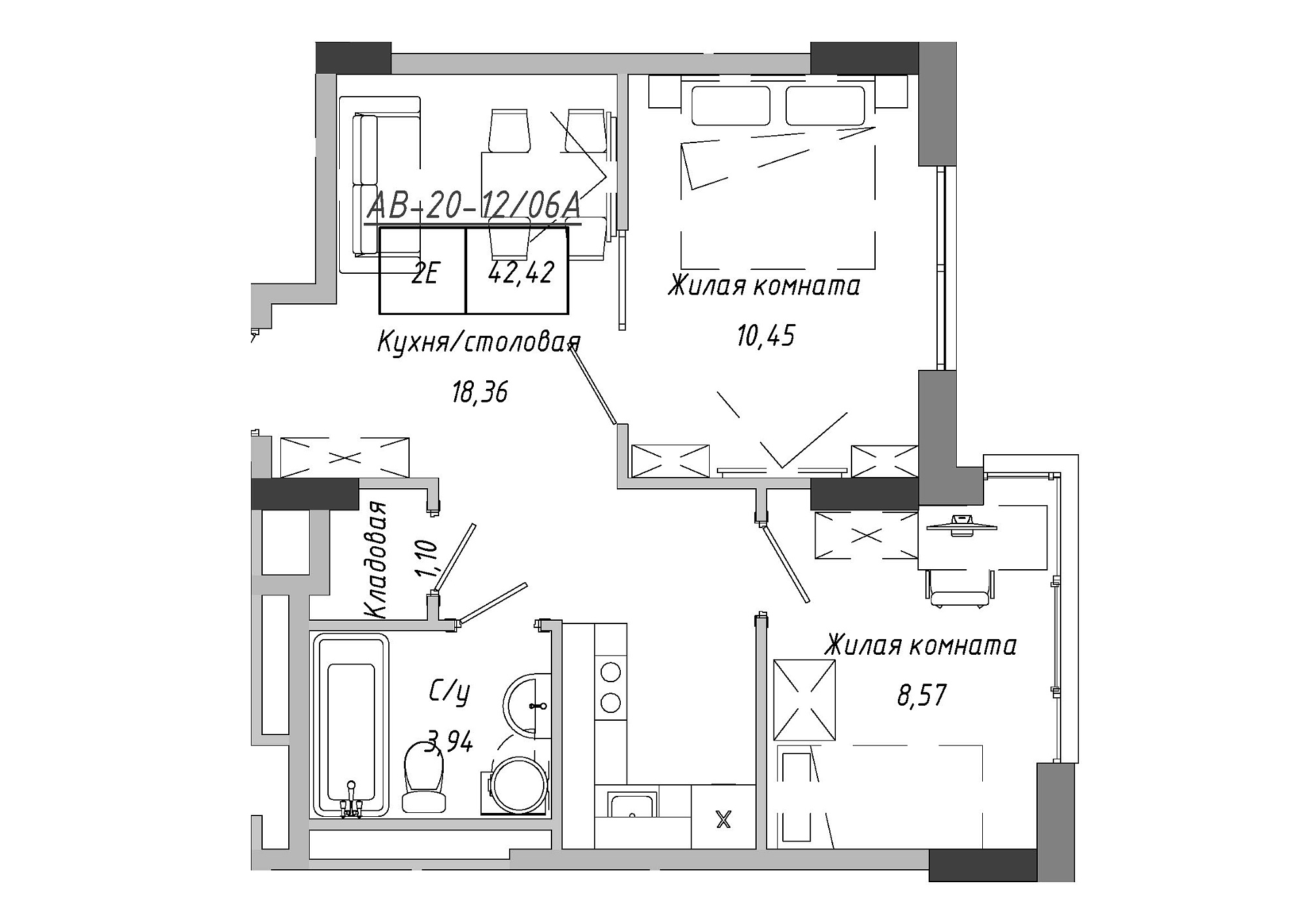 Planning 2-rm flats area 42.85m2, AB-20-12/0006а.