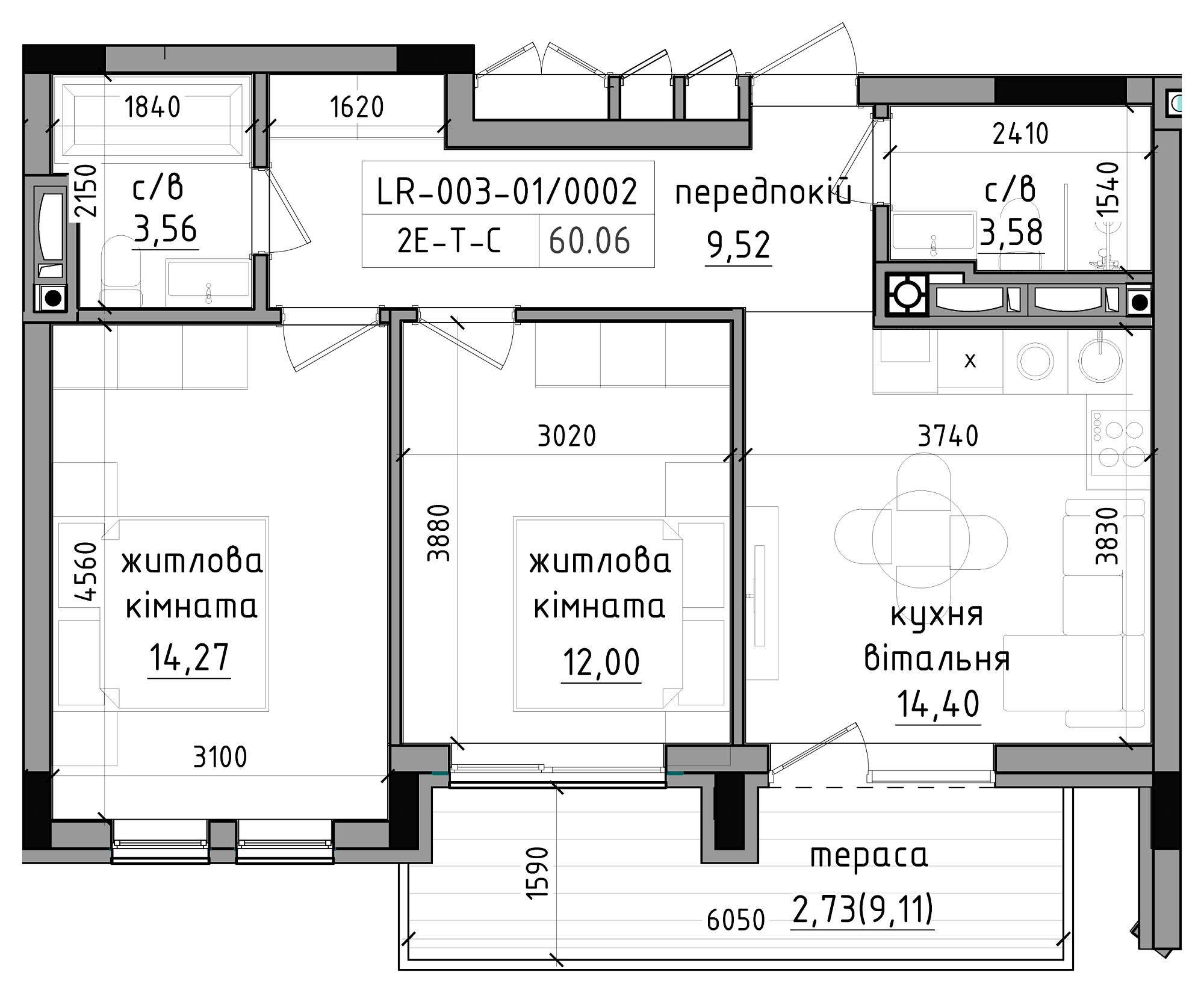 Планировка 2-к квартира площей 60.06м2, LR-003-01/0002.