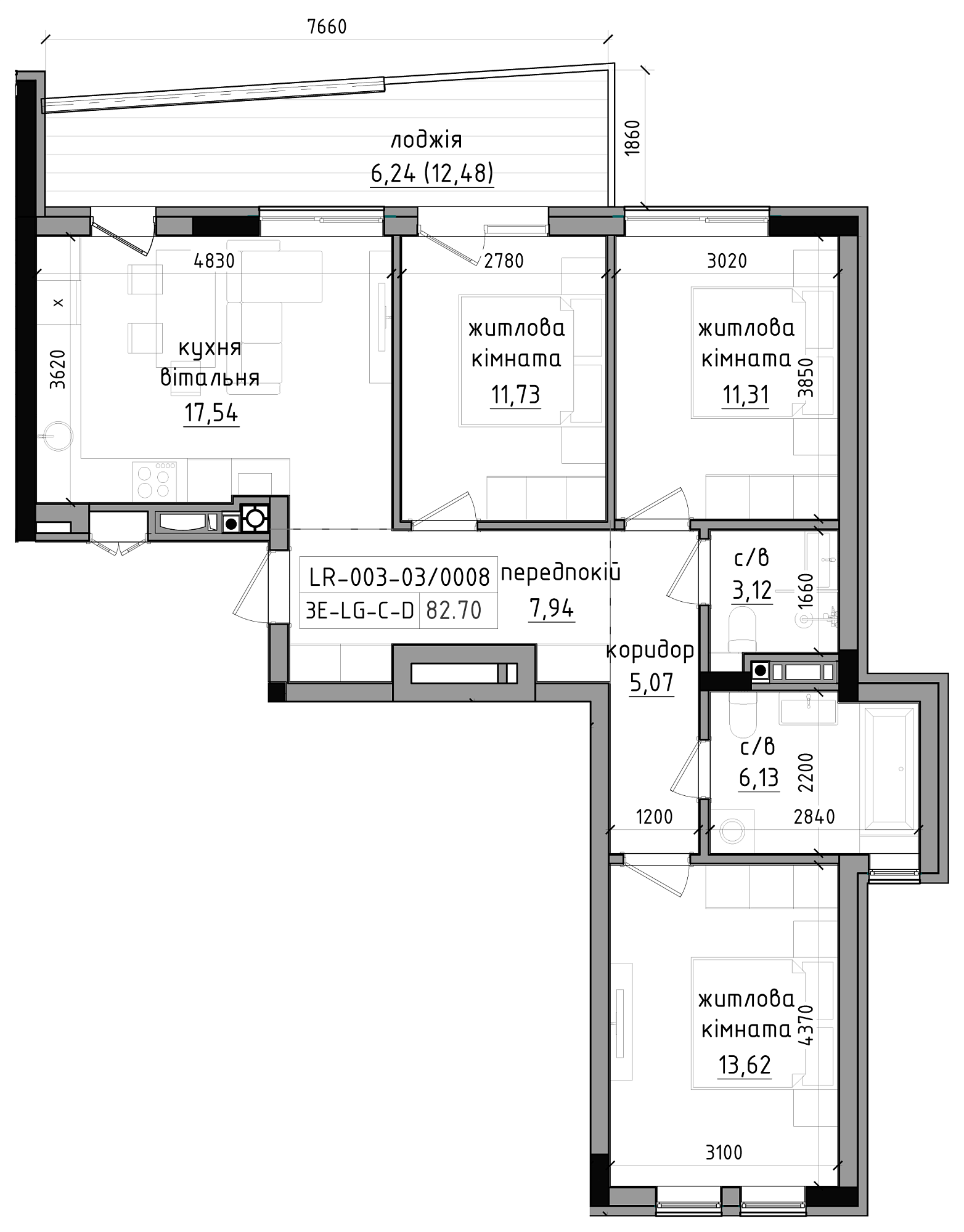 Планировка 3-к квартира площей 82.7м2, LR-003-03/0008.