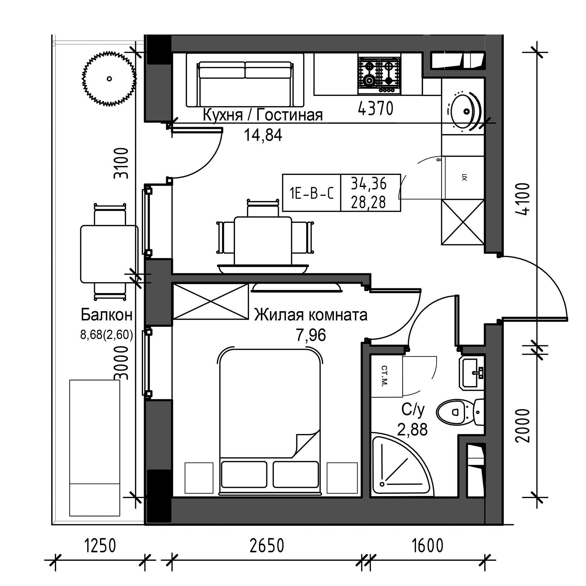 Планування 1-к квартира площею 28.28м2, UM-001-05/0014.