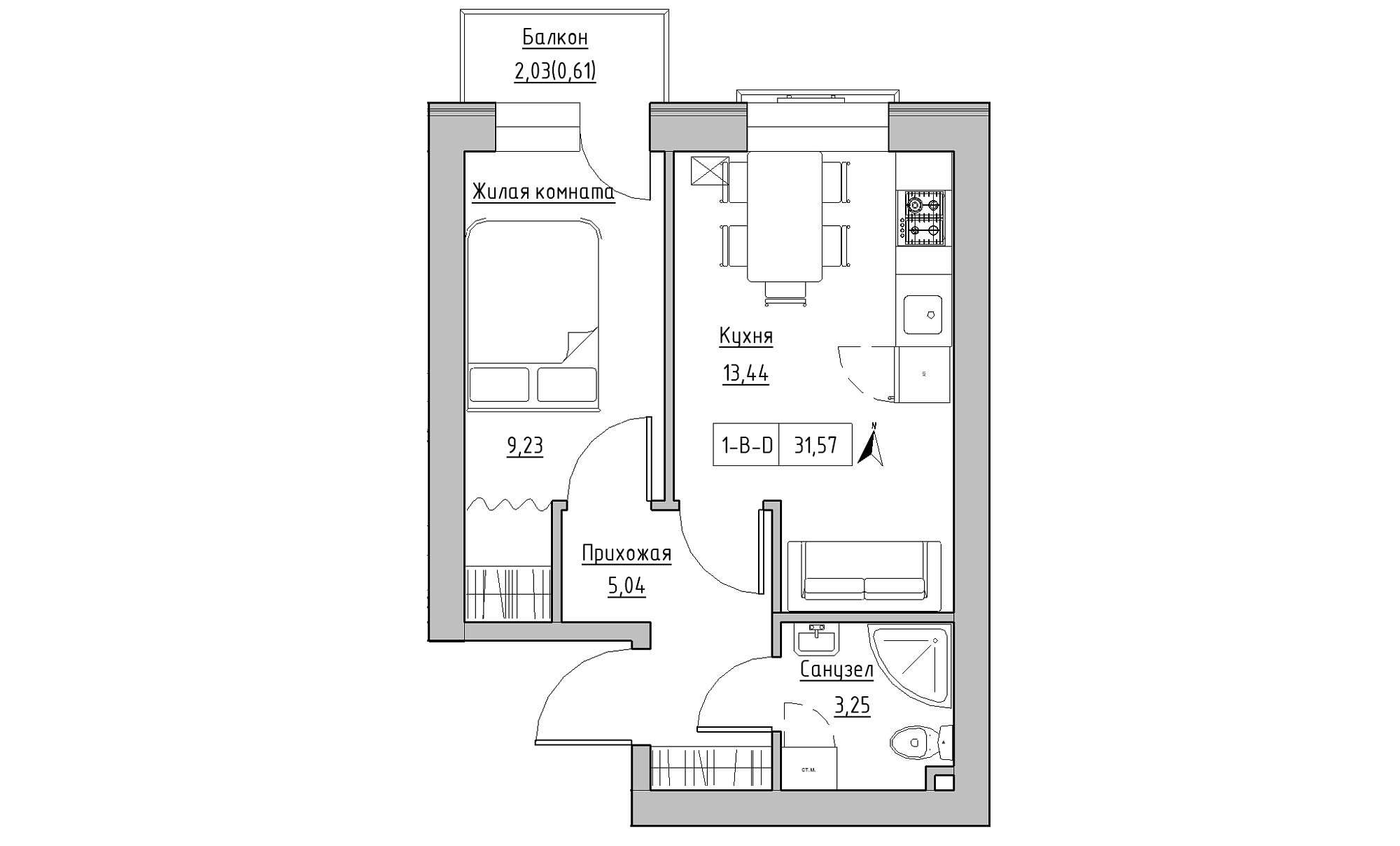 Планування 1-к квартира площею 31.57м2, KS-016-05/0003.