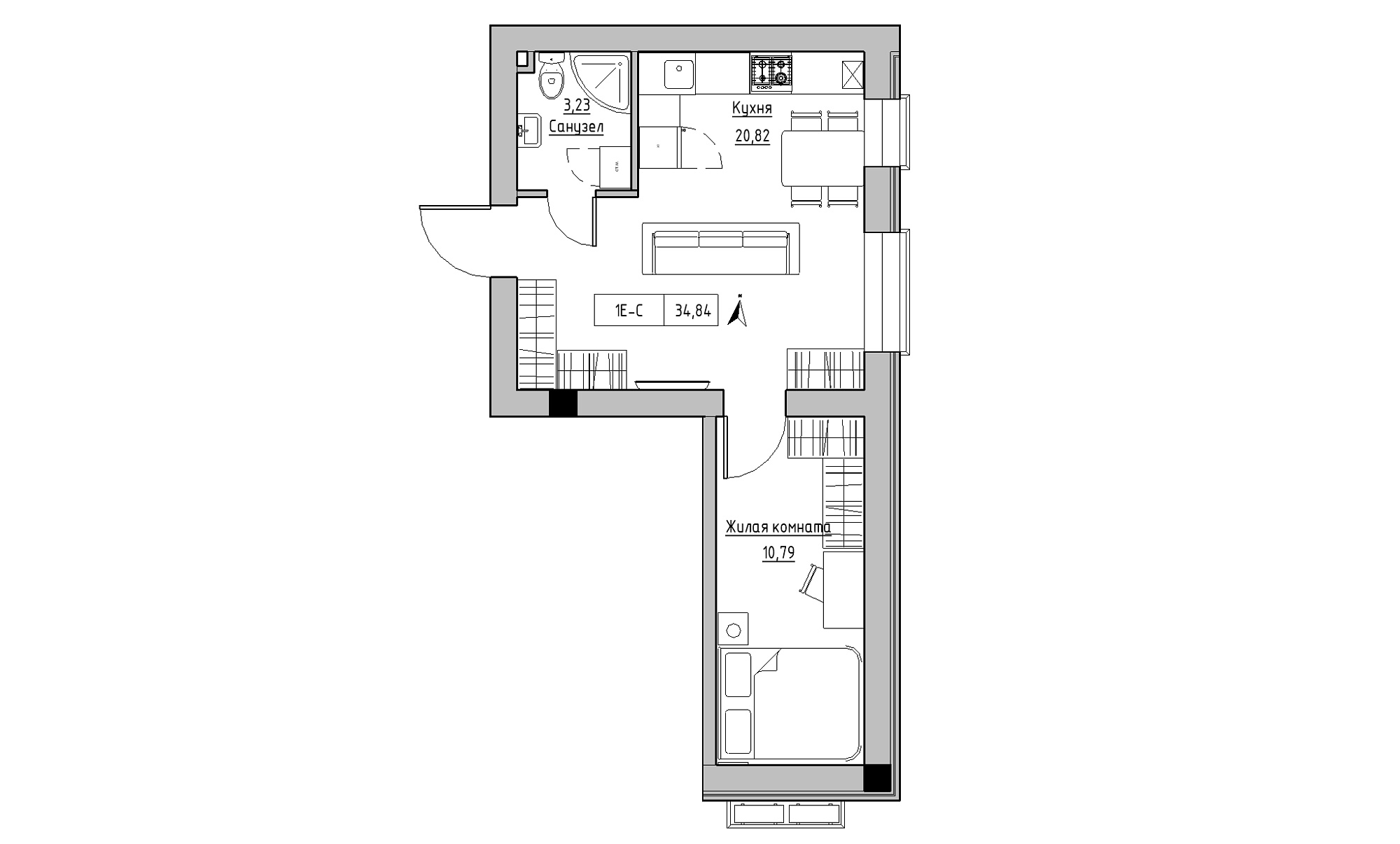 Планування 1-к квартира площею 34.84м2, KS-023-01/0008.