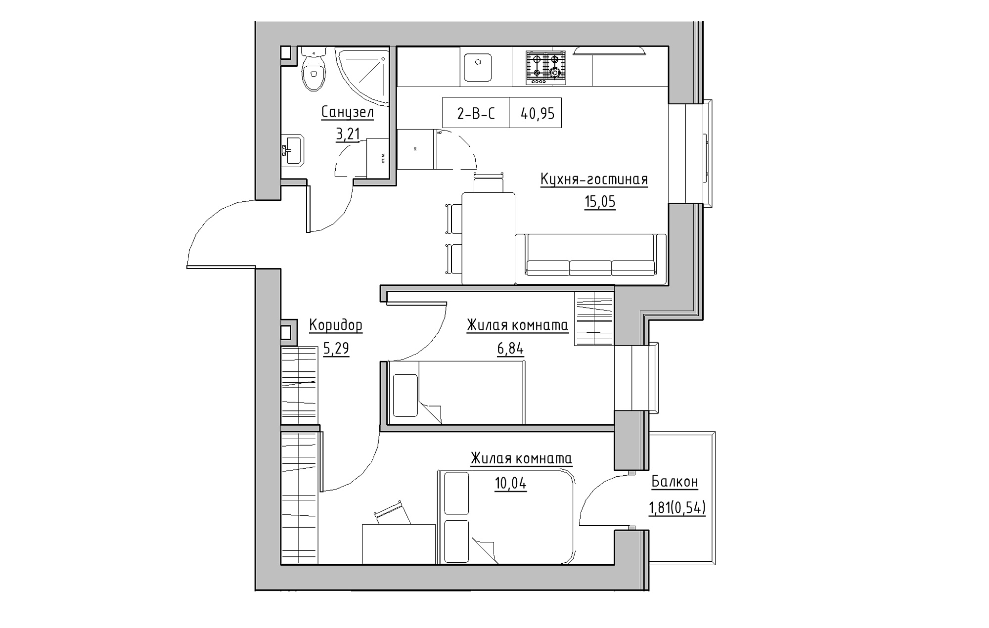 Планування 2-к квартира площею 40.95м2, KS-018-02/0010.