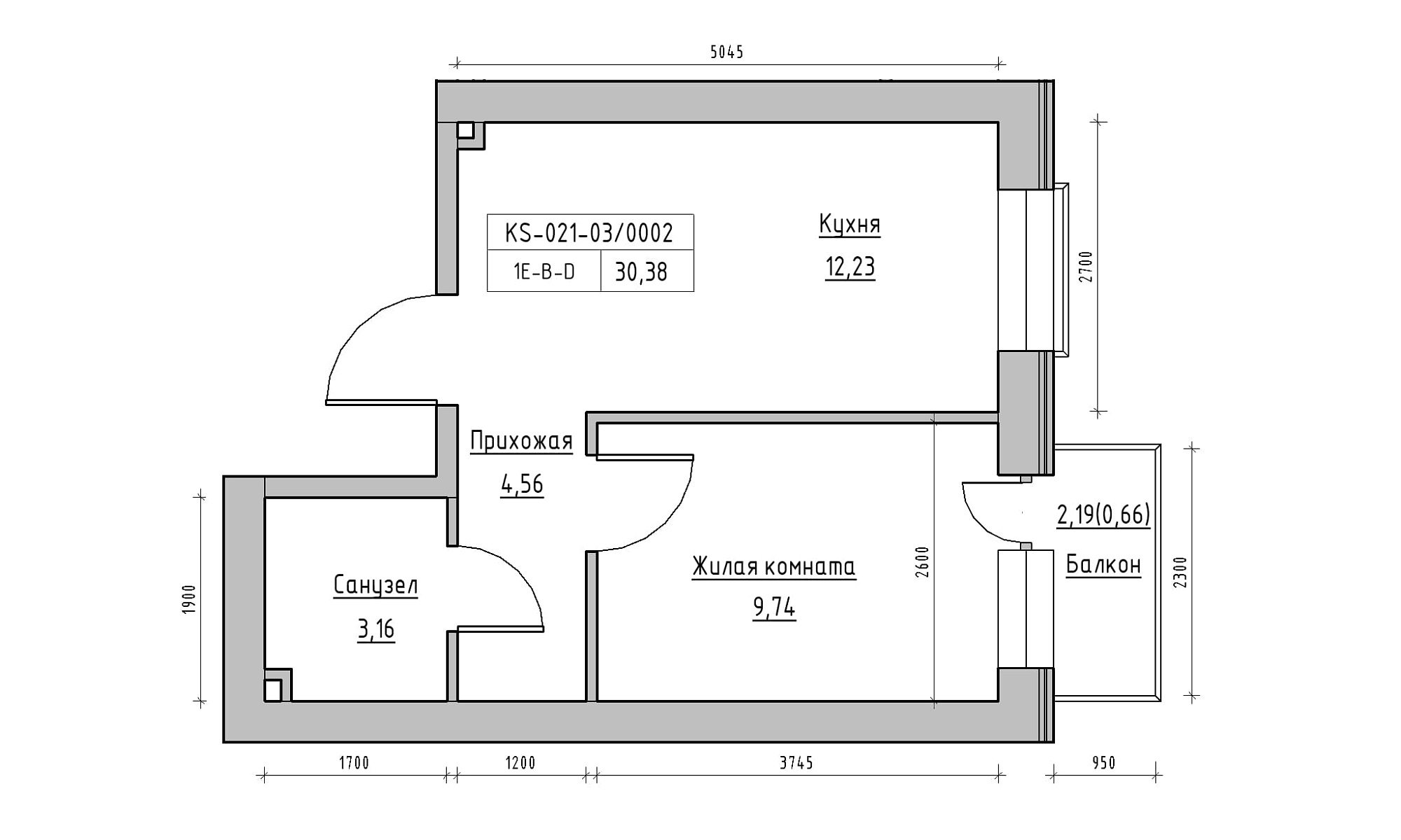 Планировка 1-к квартира площей 30.38м2, KS-021-03/0002.