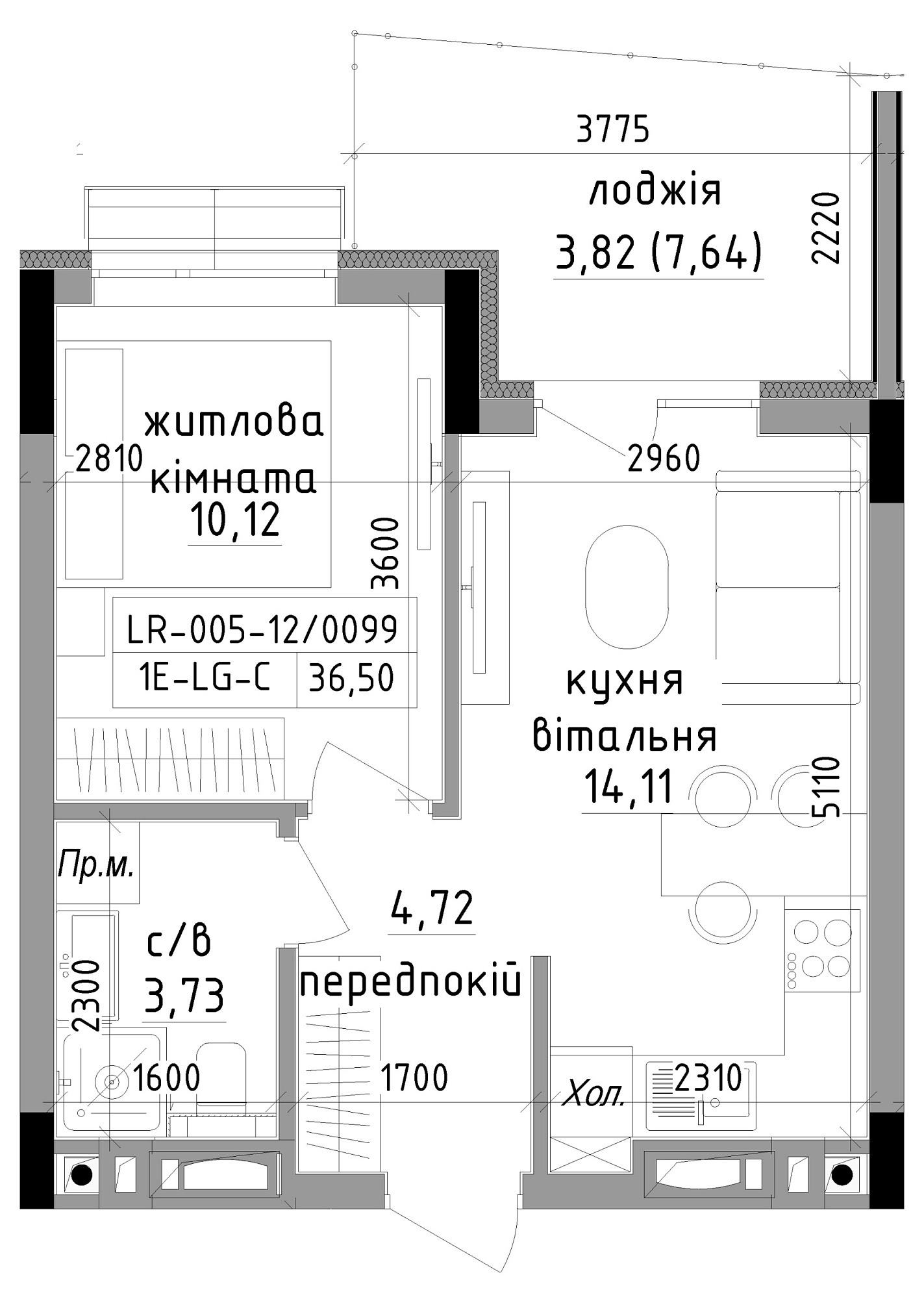 Планування 1-к квартира площею 36.5м2, LR-005-12/0099.