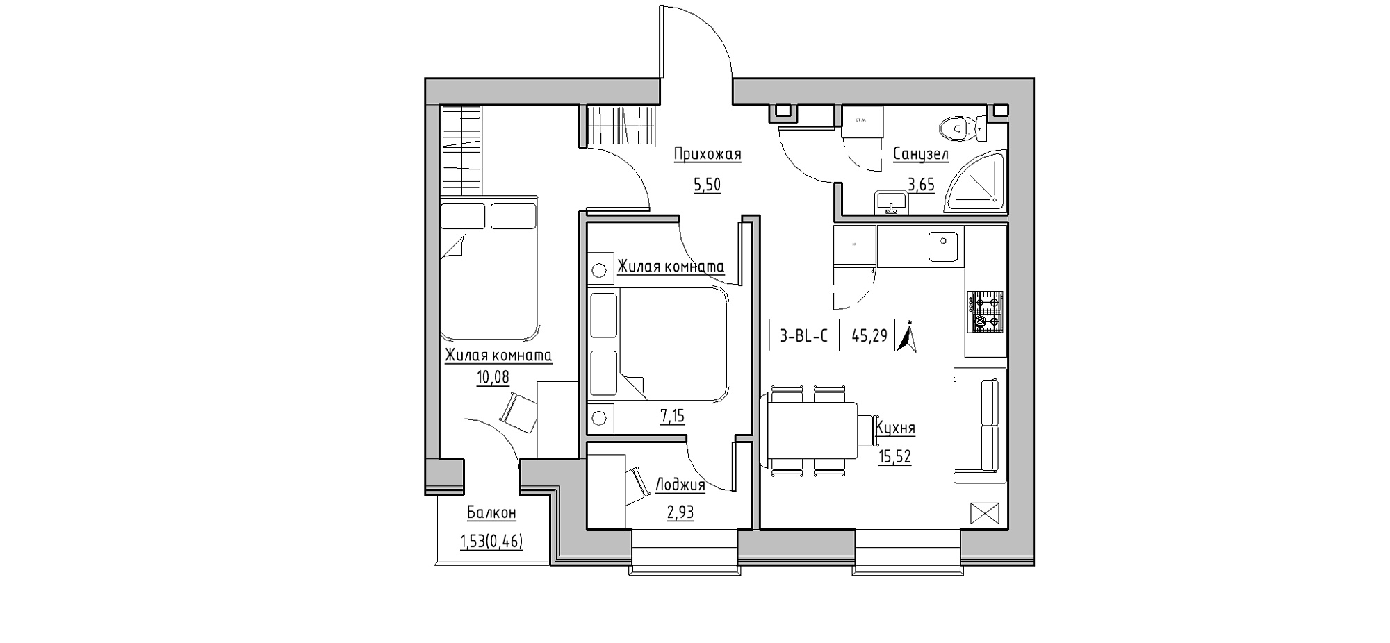 Планировка 2-к квартира площей 45.29м2, KS-020-04/0008.