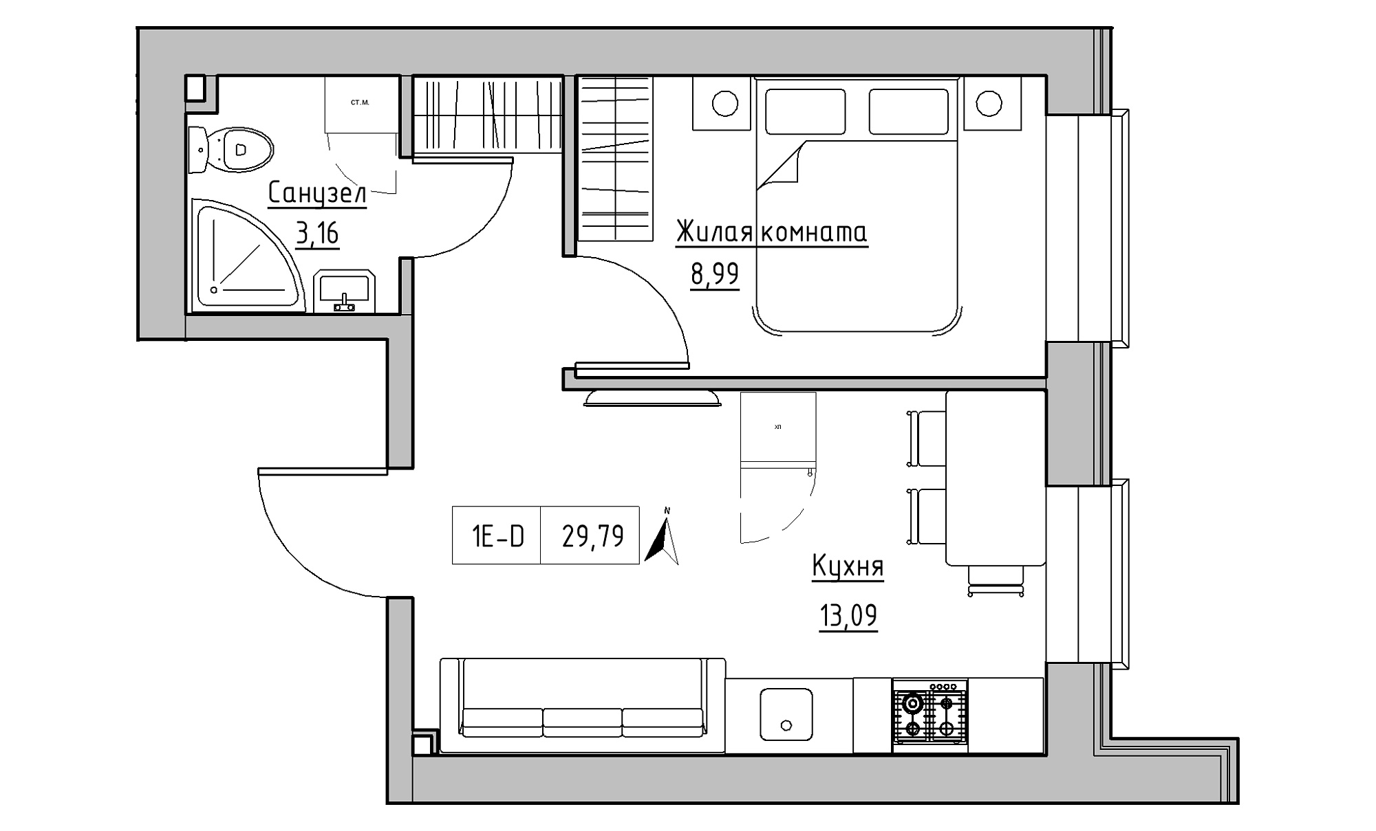 Планировка 1-к квартира площей 29.79м2, KS-016-01/0013.