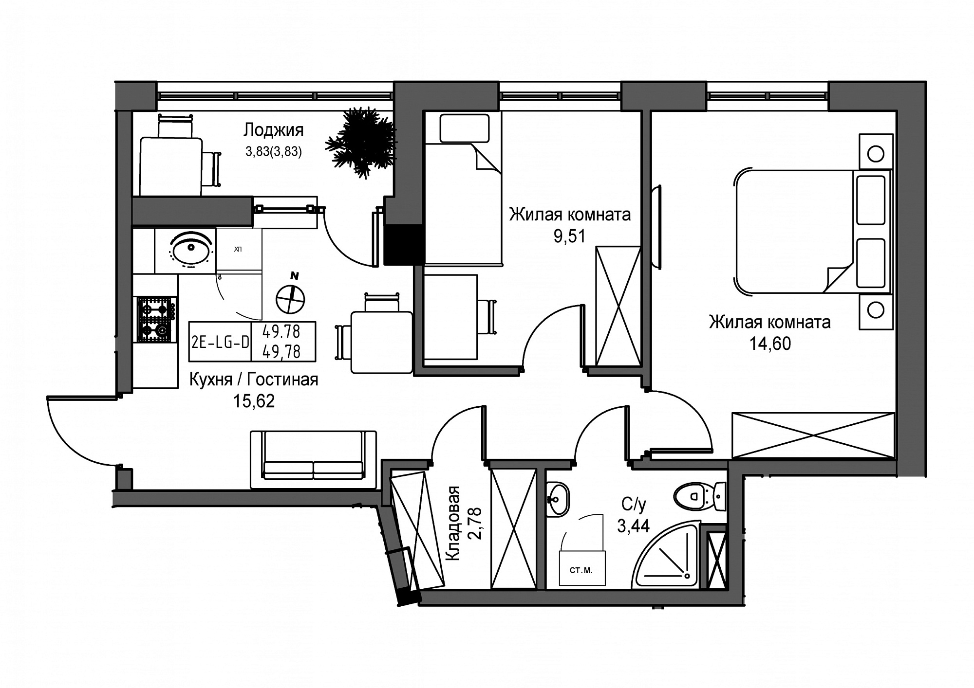 Планування 2-к квартира площею 49.78м2, UM-004-03/0006.