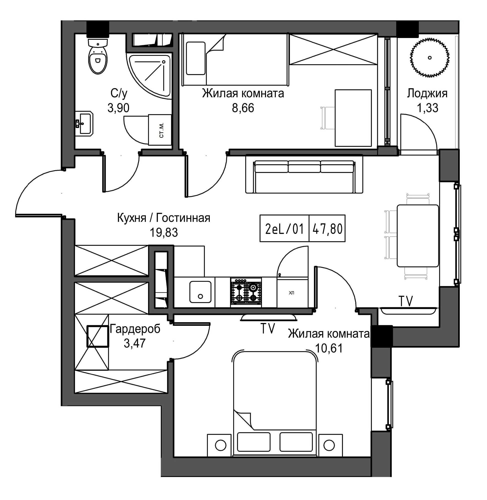 Planning 2-rm flats area 47.8m2, UM-002-07/0062.