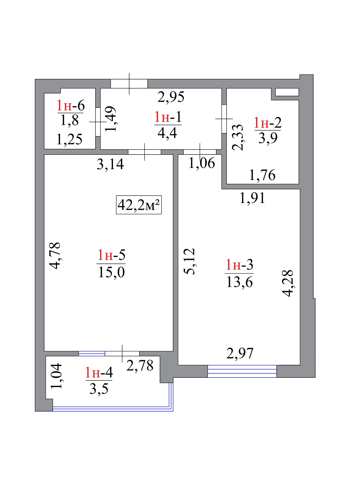 Планування 1-к квартира площею 42.2м2, AB-07-01/00001.