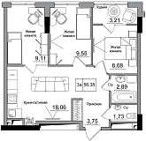 Планування 3-к квартира площею 56.38м2, AB-16-03/00008.