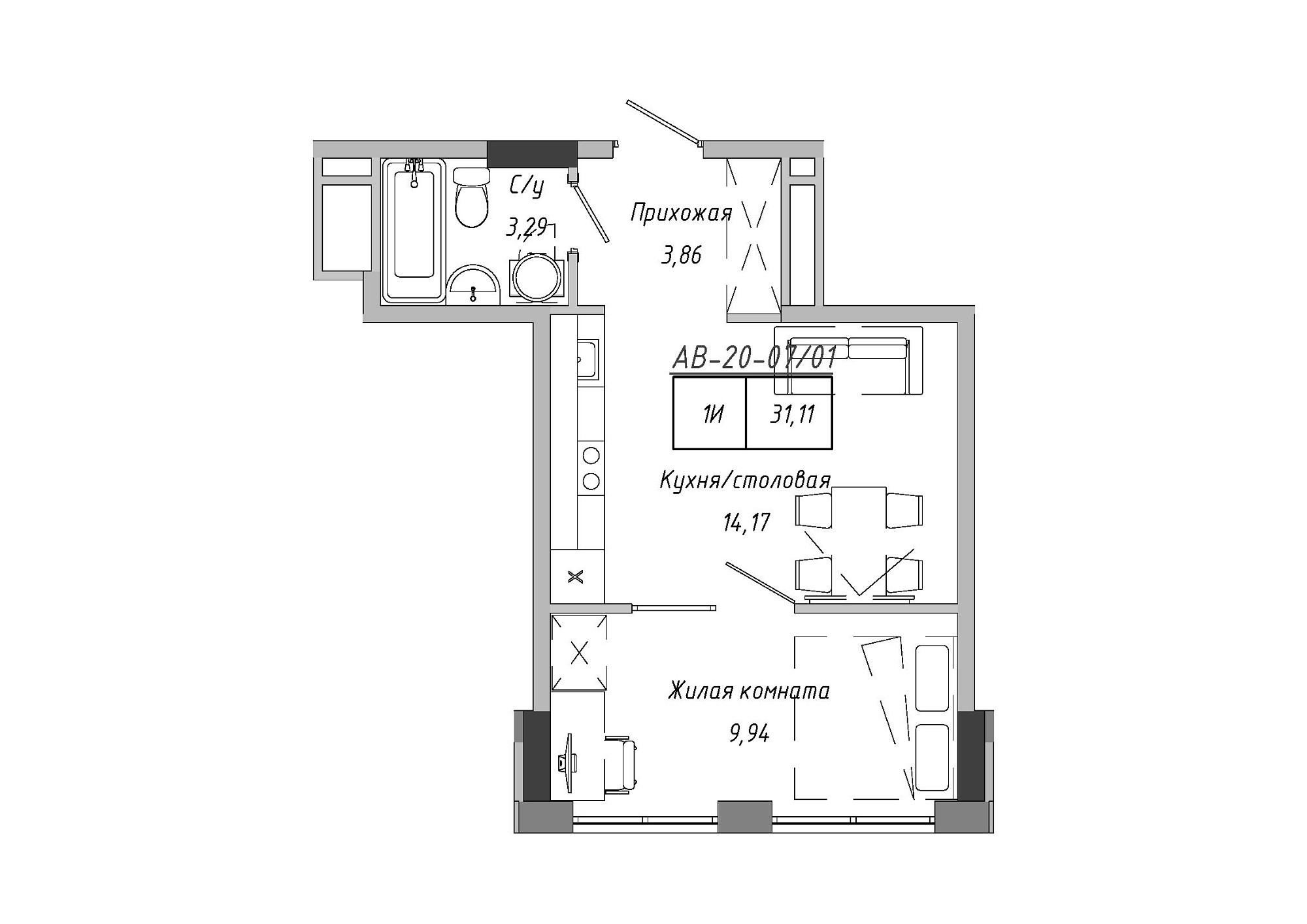 Планировка 1-к квартира площей 30.28м2, AB-20-07/00001.